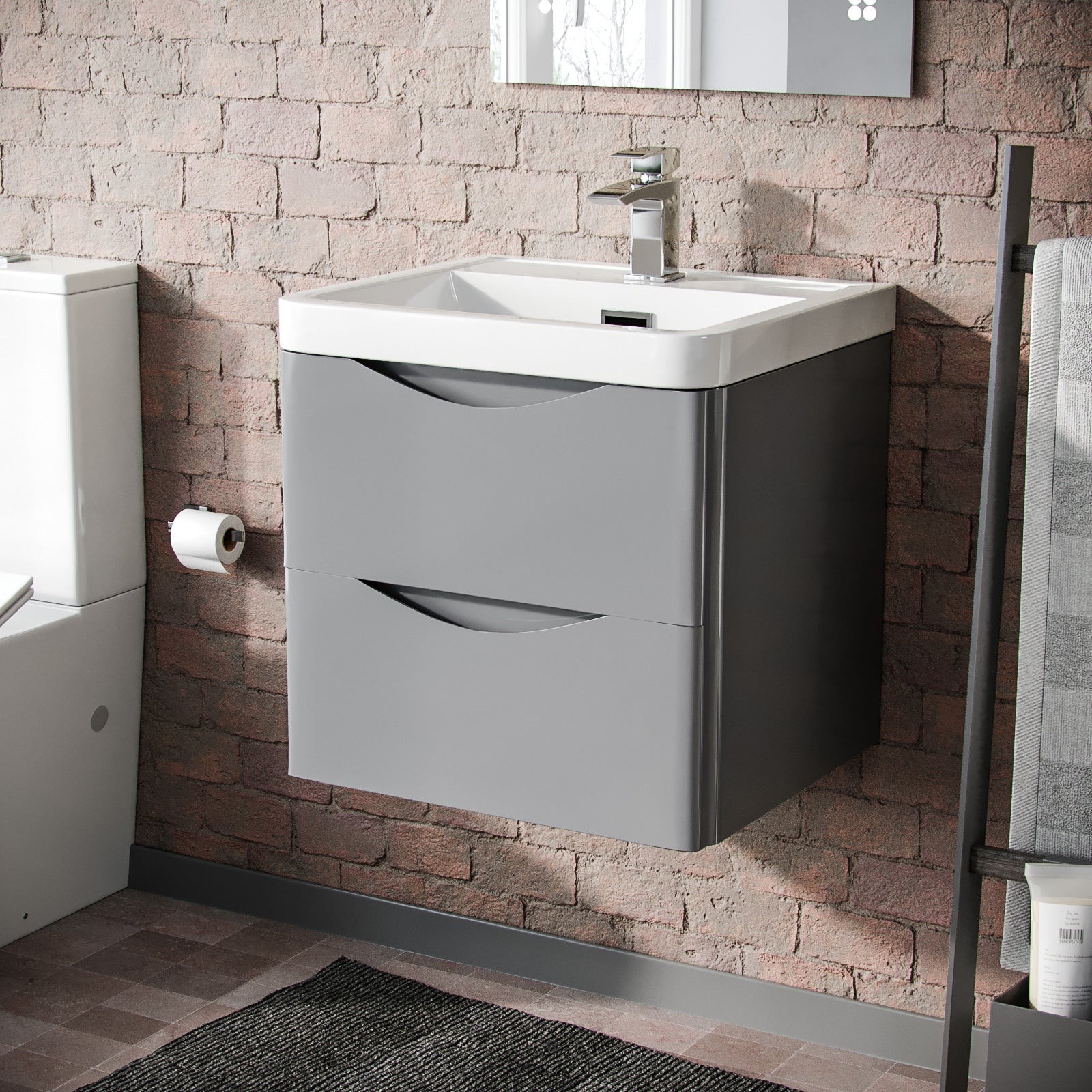 Merton 500 Grey Wall Hung Cabinet with 2 Soft Closing Drawers & Basin