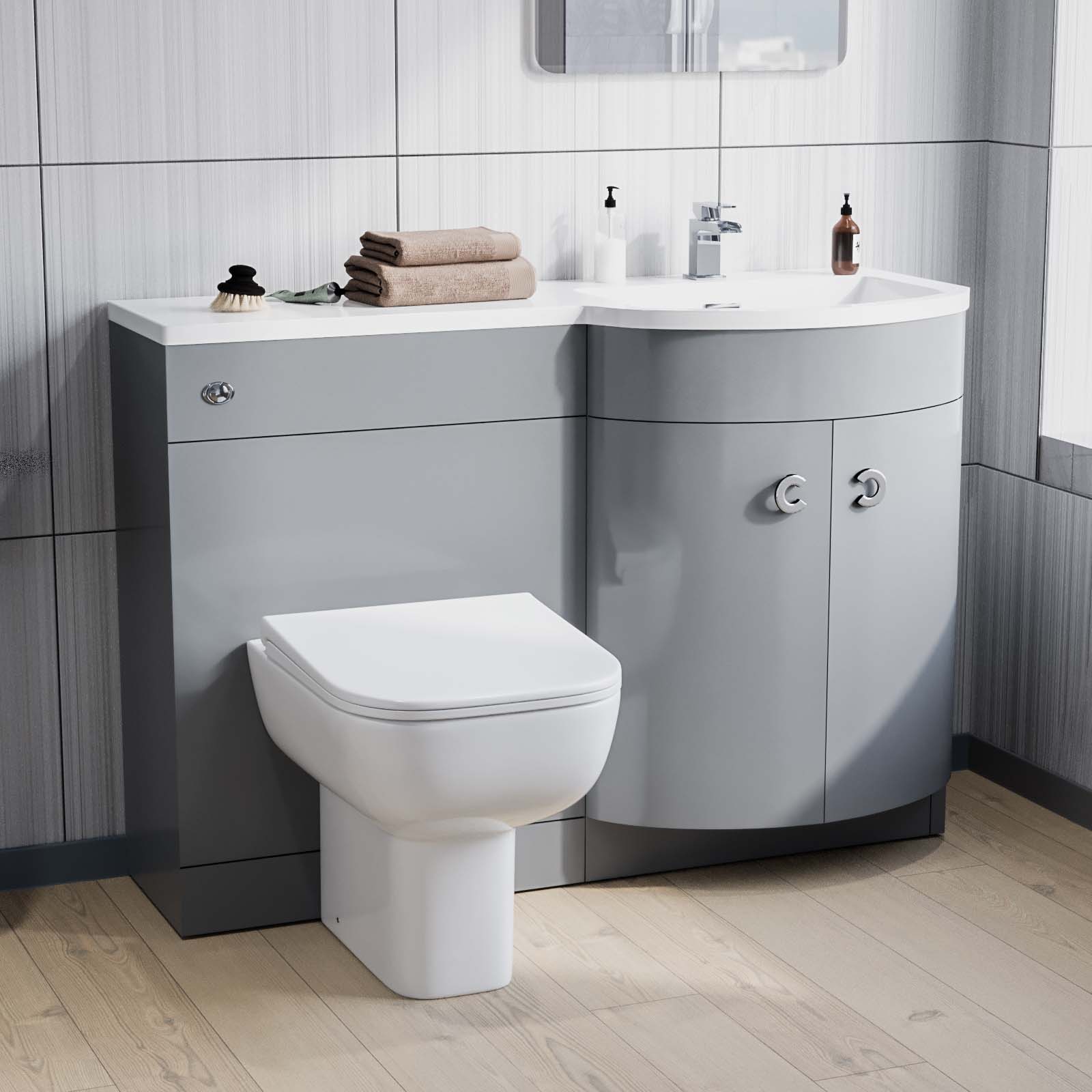 Dene 1100 mm P-Shape Grey RH Vanity Unit, Toilet & Wall Hung Cabinet Flat Pack