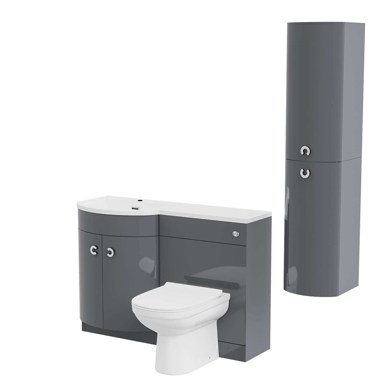 Dene 1100 mm Flat Pack P-Shape Grey LH Basin Unit, Toilet & Wall Hung Cabinet