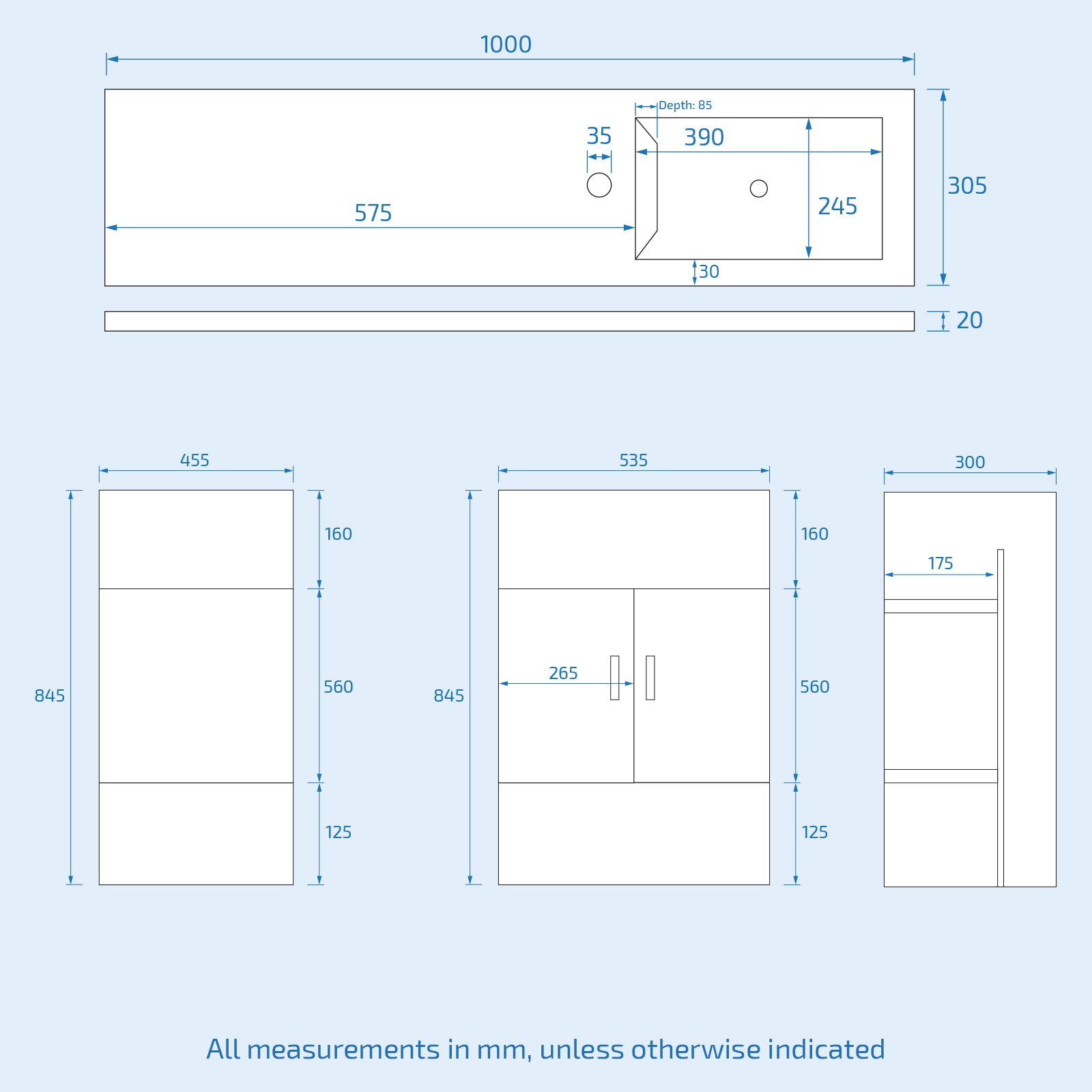 James 1000mm Slimline Floorstanding Vanity Basin and BTW Combo Unit Light Grey