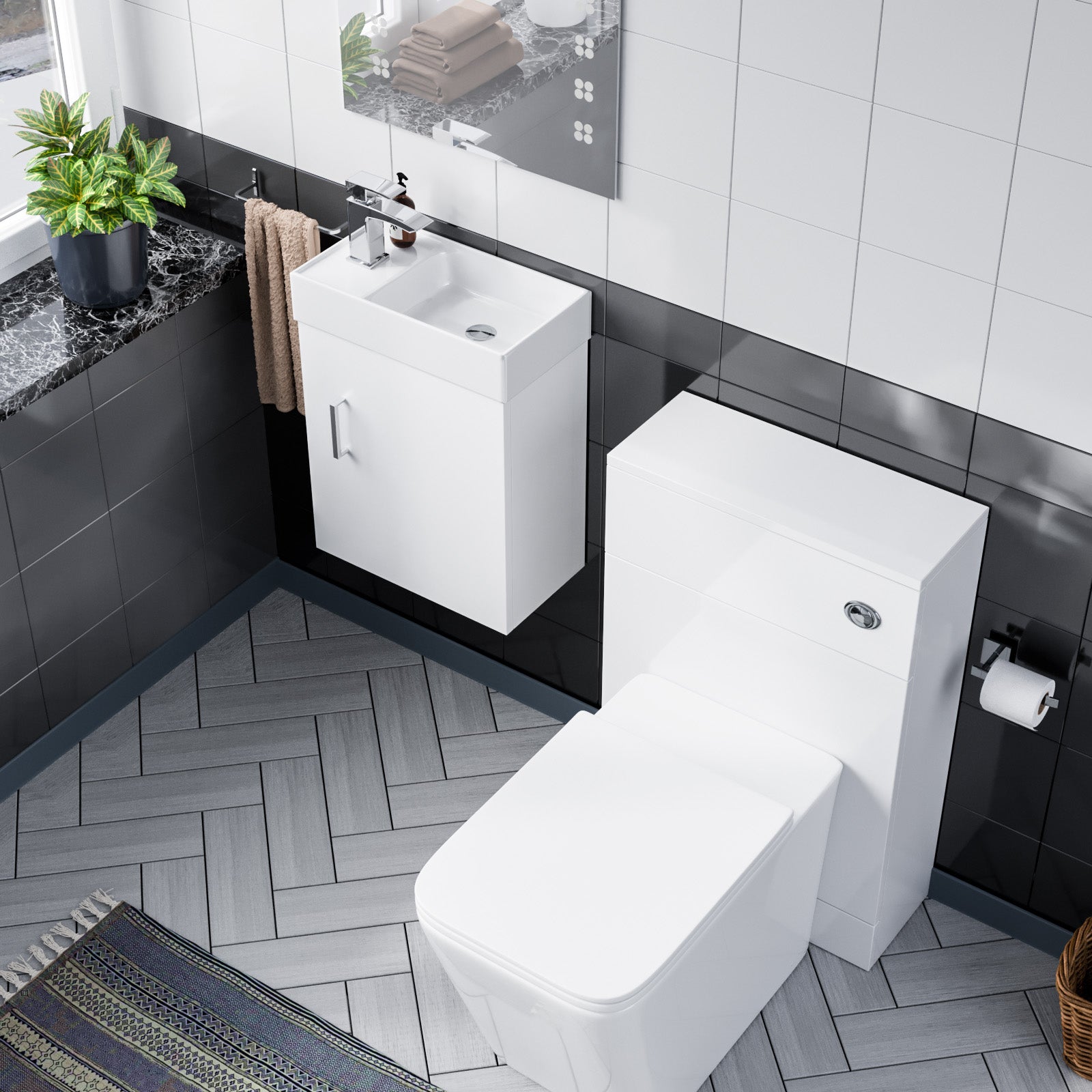 Nanuya 400mm Gloss White Wall Hung Vanity, WC Unit & Square BTW Rimless Toilet