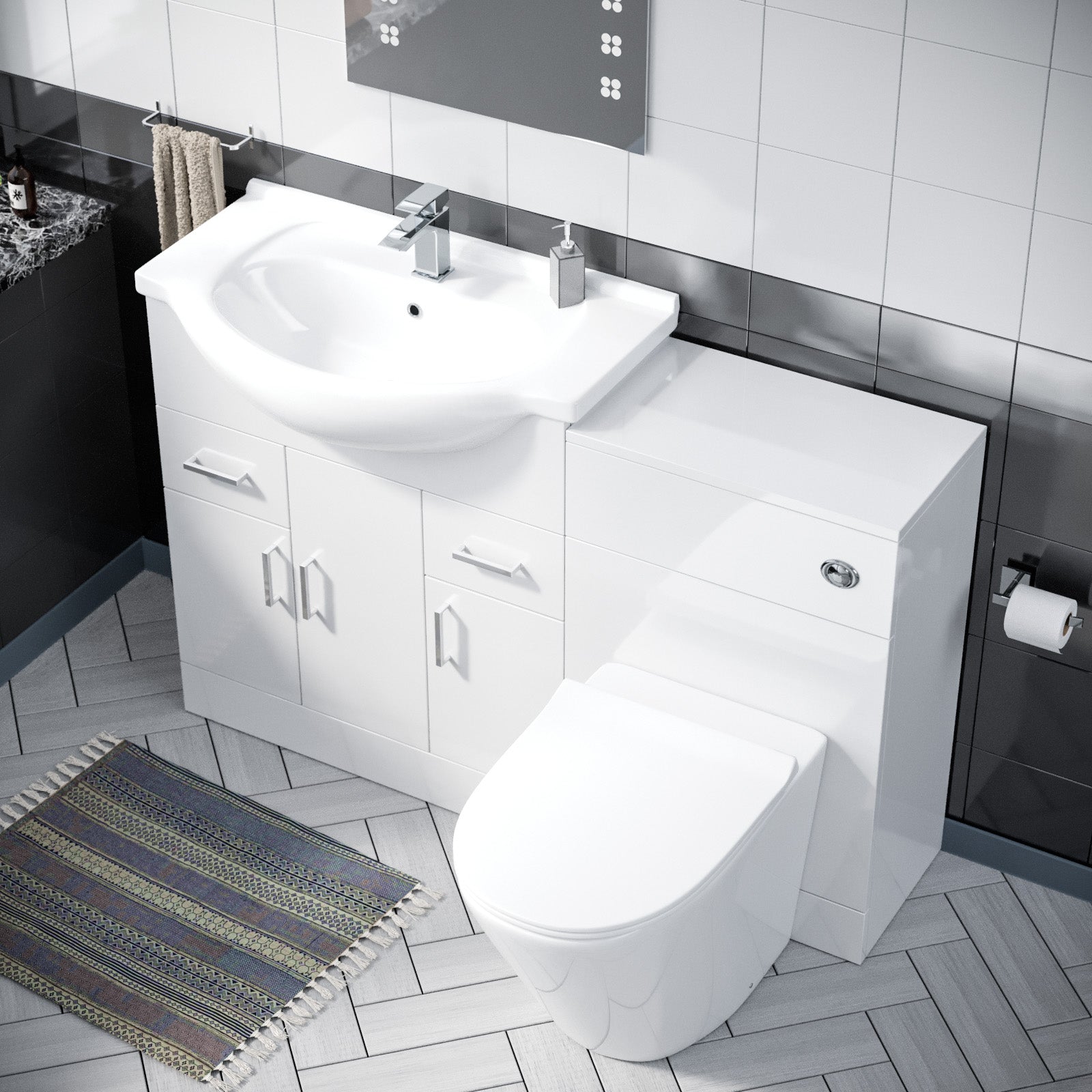 Ellen 750mm FloorStanding White Gloss Cabinet, WC Unit & BTW Toilet