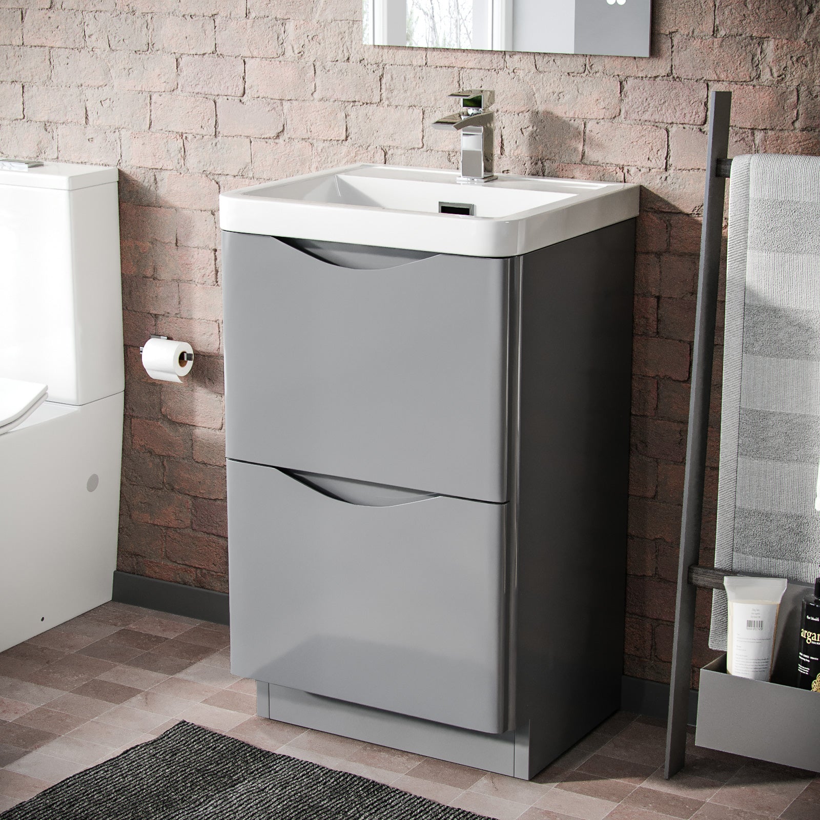 Merton 500 Grey Floor Standing Cabinet with 2 Soft Closing Drawers & Basin