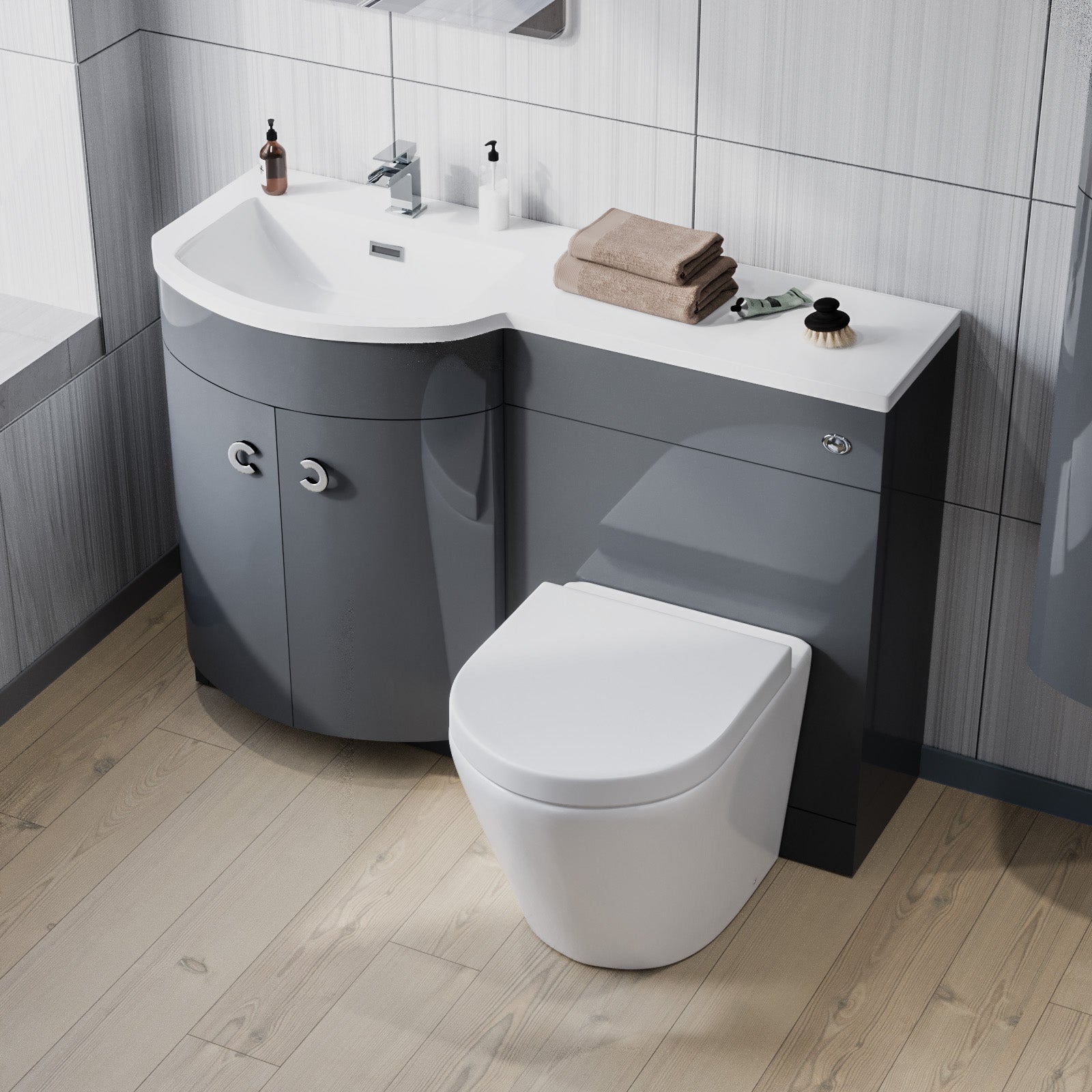 Dene 1100mm LH Grey Bathroom Vanity with WC, BTW Rimless Toilet & Wall Hung Cabinet