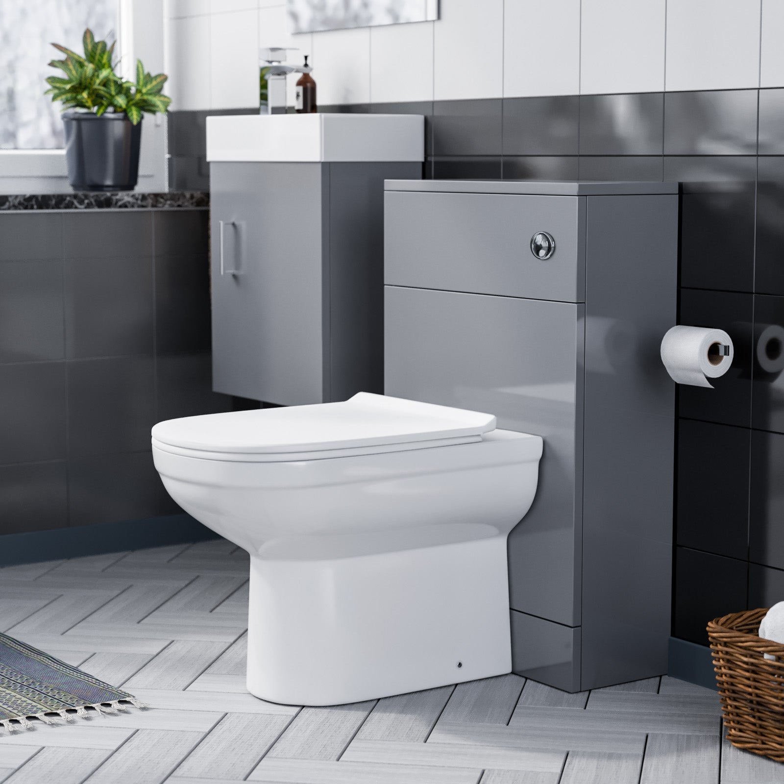 Nanuya 400 Grey Wall Hung Cabinet with Ceramic Basin, BTW WC Unit & Toilet