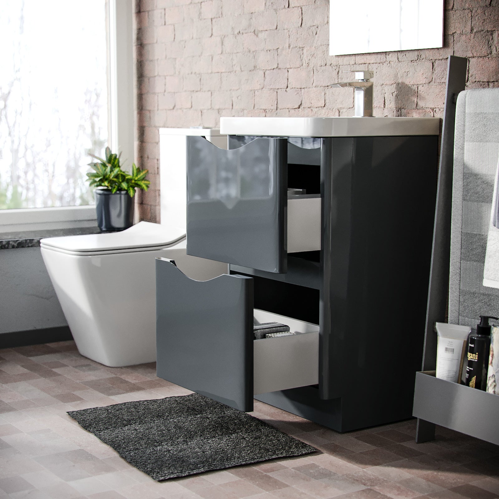 Merton 500 Grey Floor Standing Cabinet with 2 Soft Closing Drawers & Basin