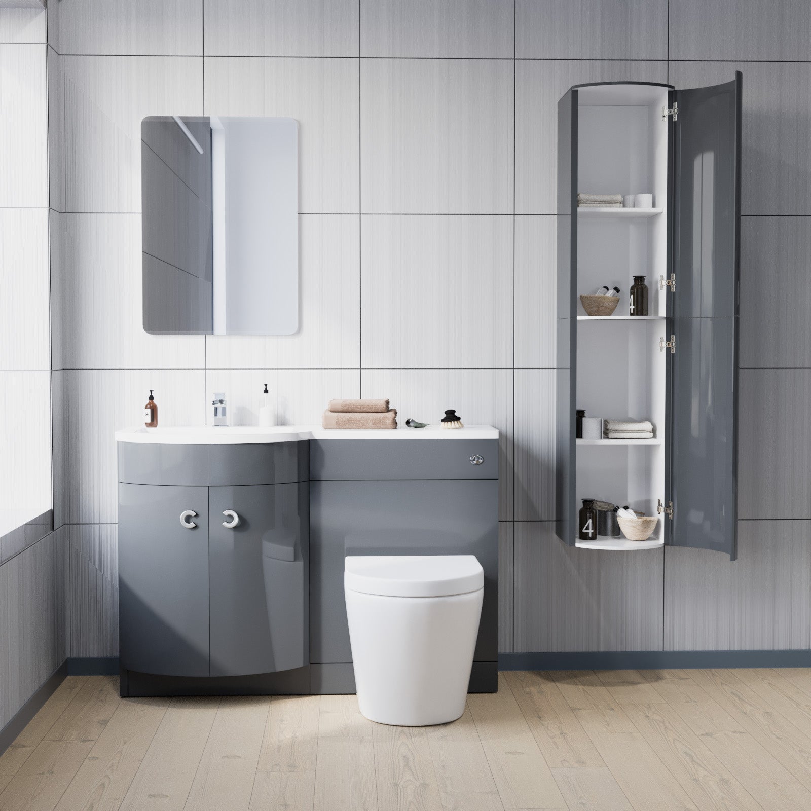 Dene 1100mm LH Grey Bathroom Vanity with WC, BTW Rimless Toilet & Wall Hung Cabinet