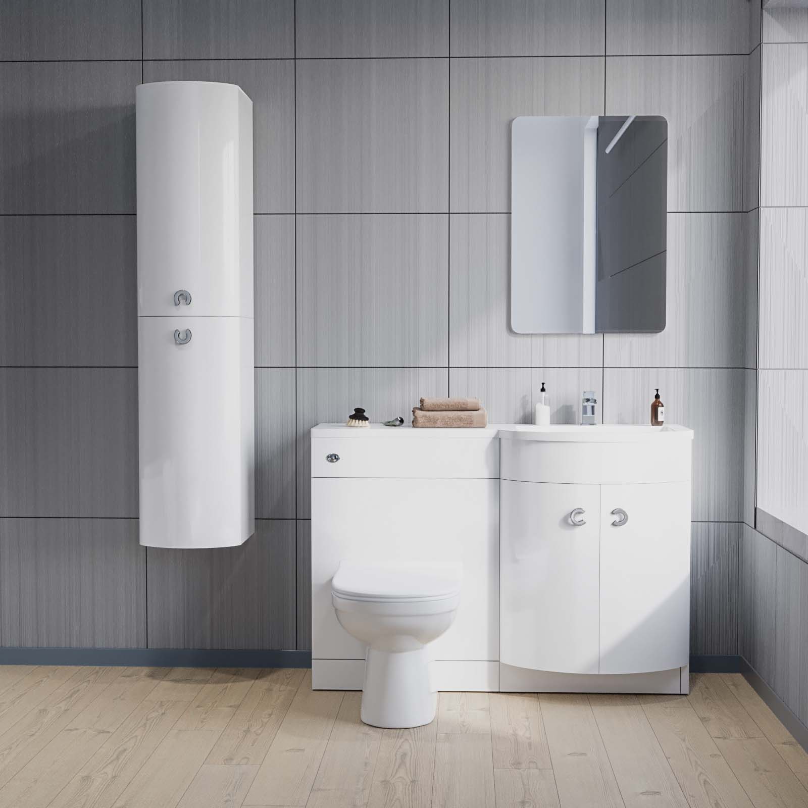 Dene 1100mm RH White Vanity with BTW Toilet, WC, Basin and Wall Hung Cabinet