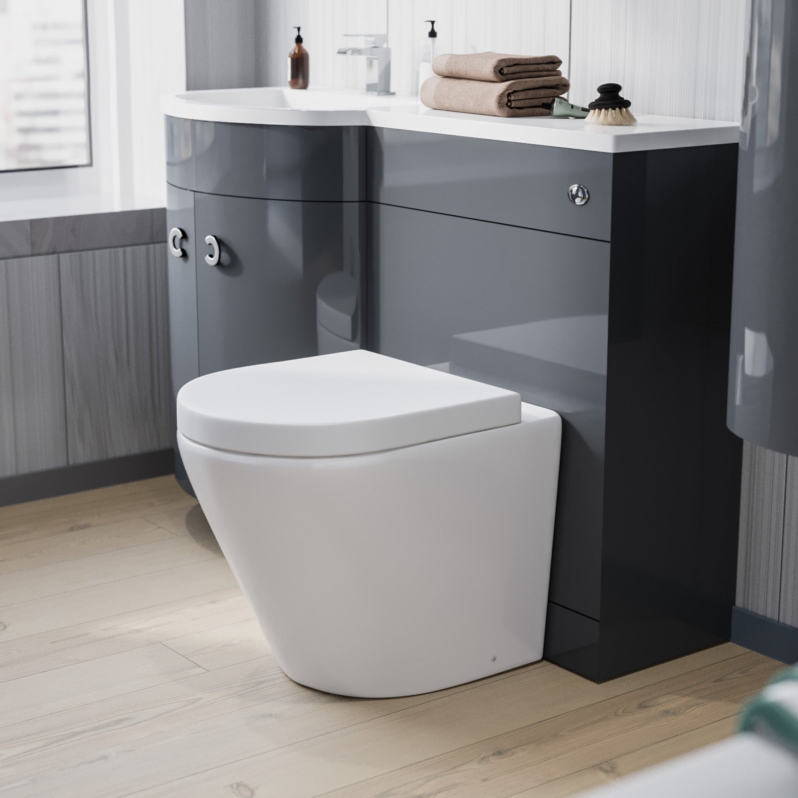 Dene 1100mm LH Grey Bathroom Vanity with WC, BTW Rimless Toilet & Wall Hung Cabinet