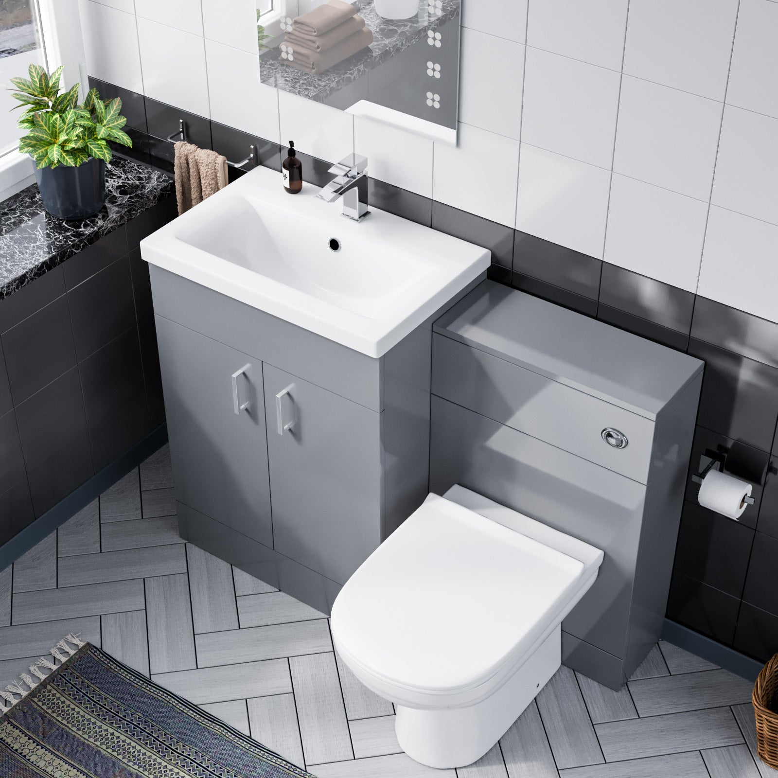 Nanuya 600mm FS Grey Cabinet, Ceramic Basin & BTW Pan with Soft Close Seat FP