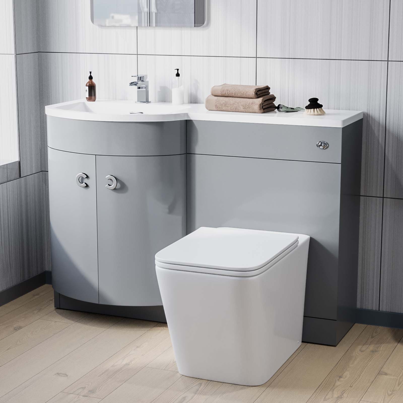 Dene 1100 mm FP P-Shape Grey LH Basin Vanity Rimless Toilet & Wall Hung Cabinet