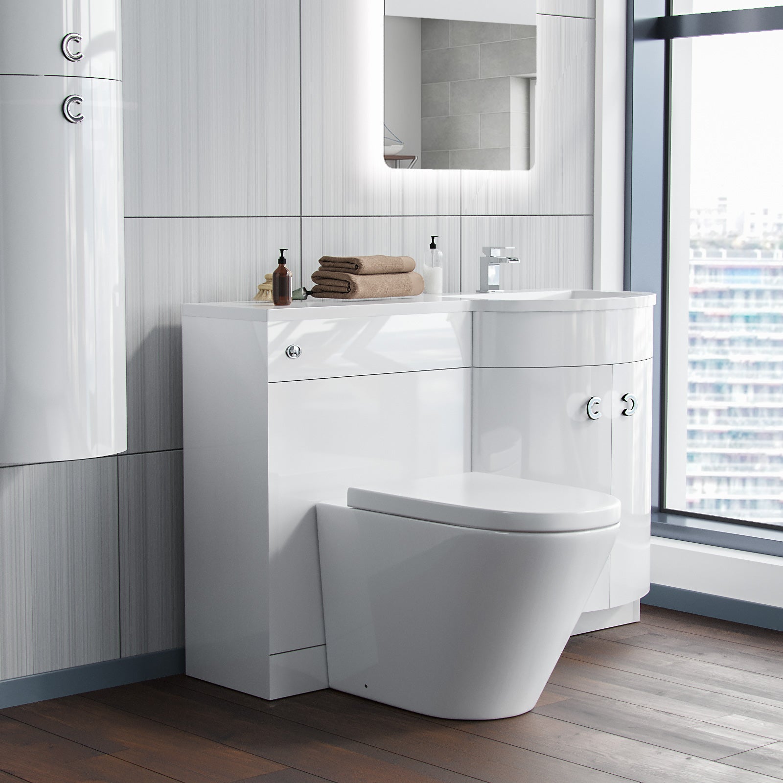 Dene | 1100mm RH Back To Wall toilet, Soft Close Toilet & Resin Basin White