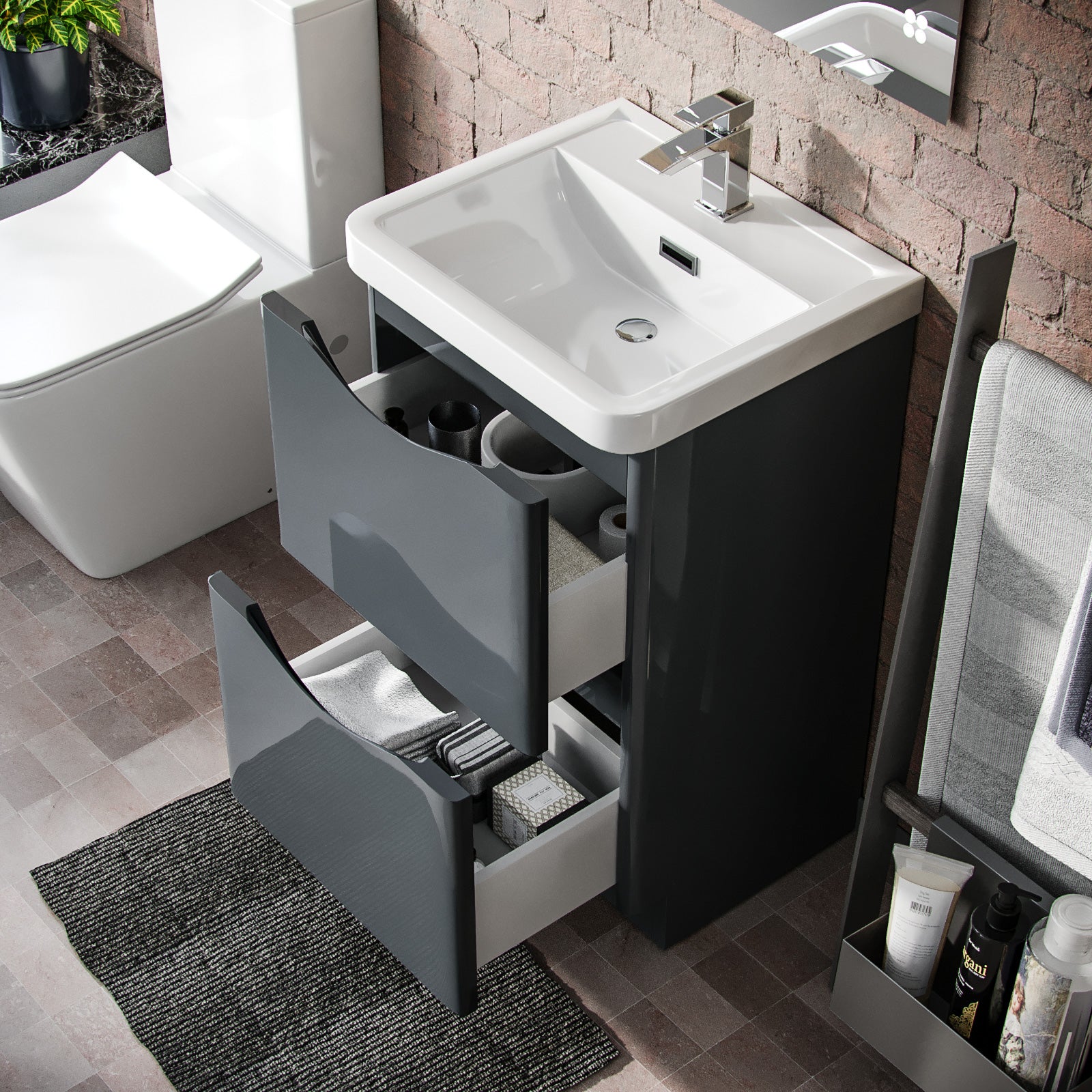 Merton 500 Grey Floor Standing Cabinet with 2 Soft Closing Drawers & Basin