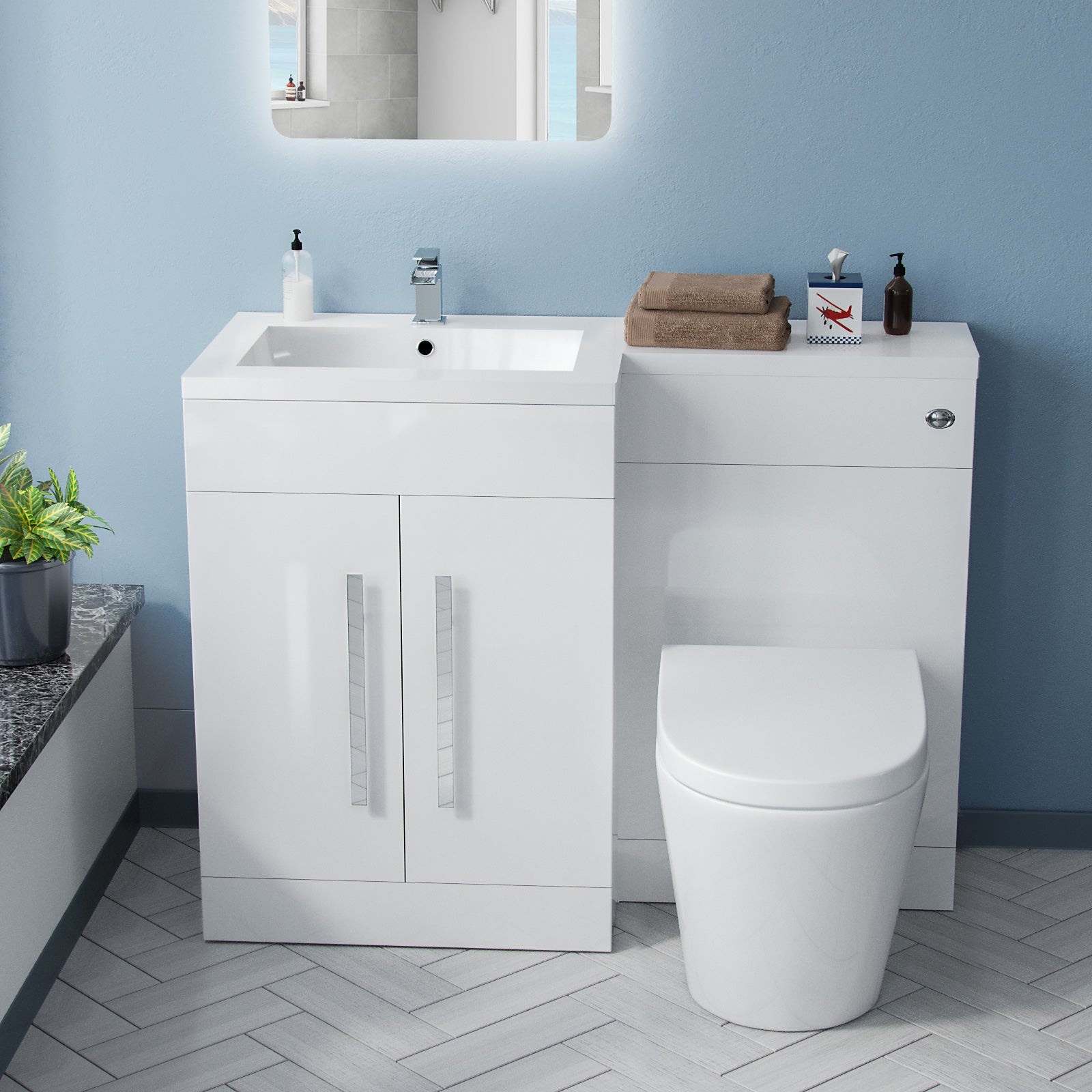 Aric 1100mm LH Vanity Basin Unit, WC Unit & Rimless Back To Wall Toilet White Flat Pack