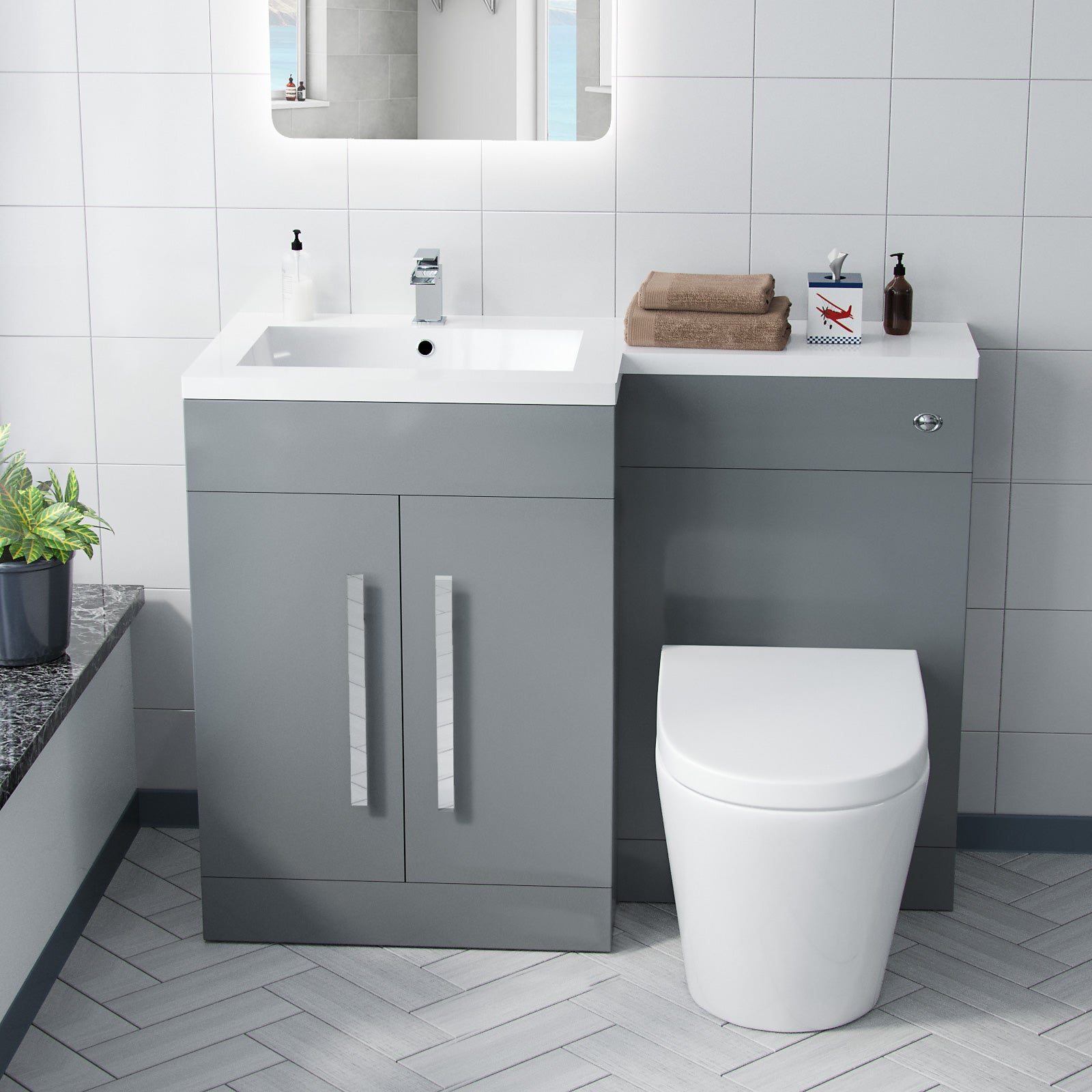 Aric 1100mm LH Rimless Round BTW Toilet, WC Unit & Resin Basin Grey