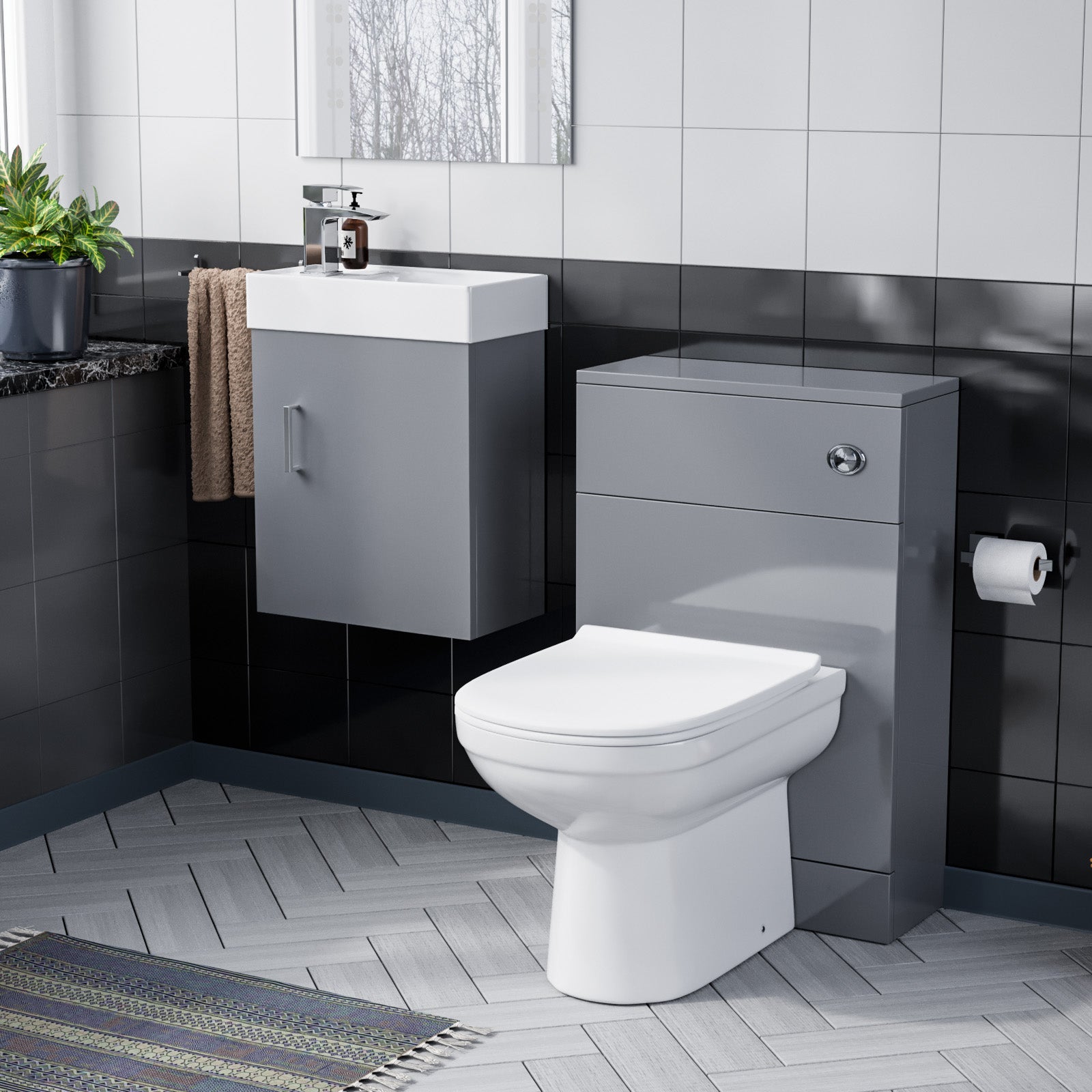 Nanuya 400 Grey Wall Hung Cabinet with Ceramic Basin, BTW WC Unit & Toilet