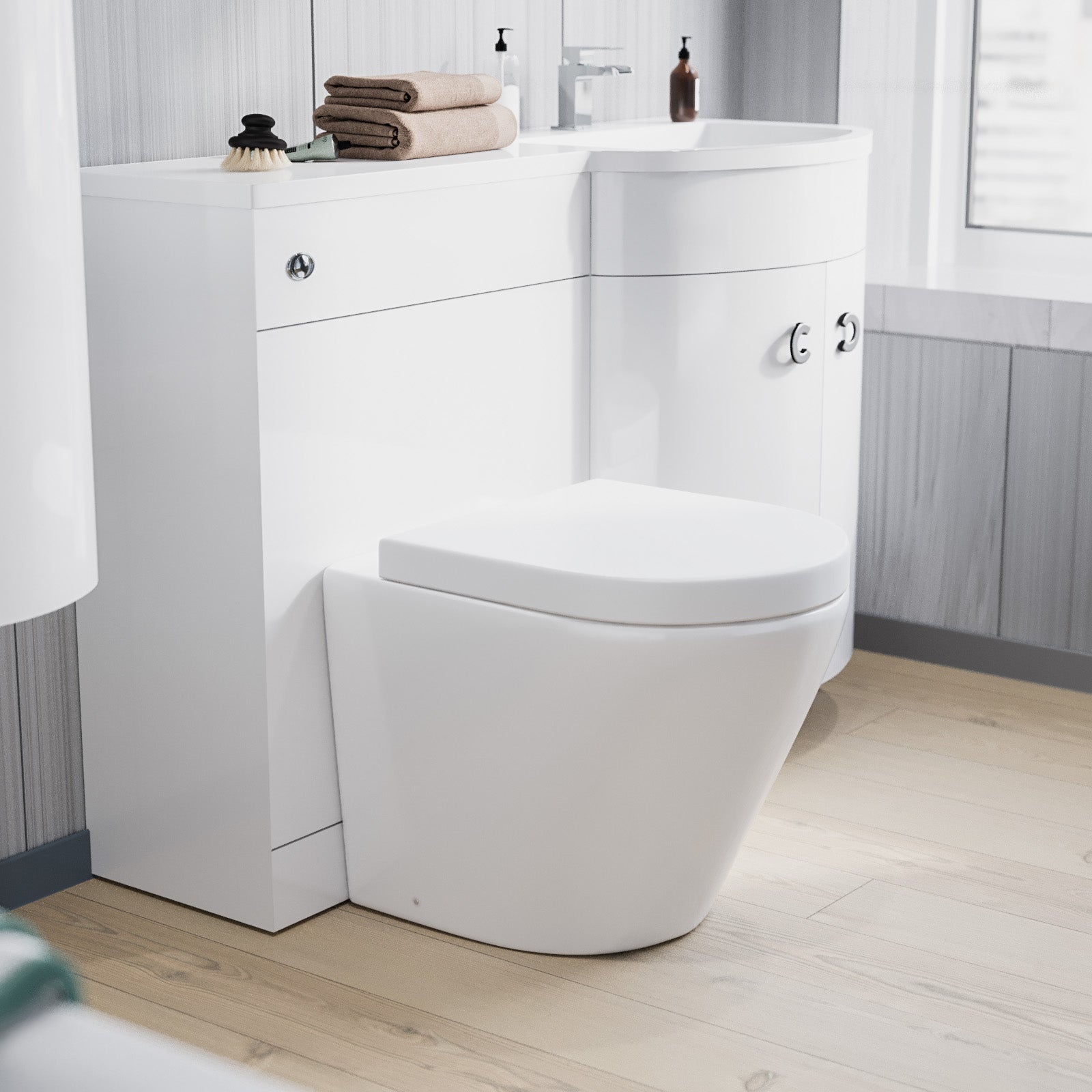 Dene 1100mm RH White Bathroom Vanity with WC, BTW Rimless Toilet & Wall Hung Cabinet