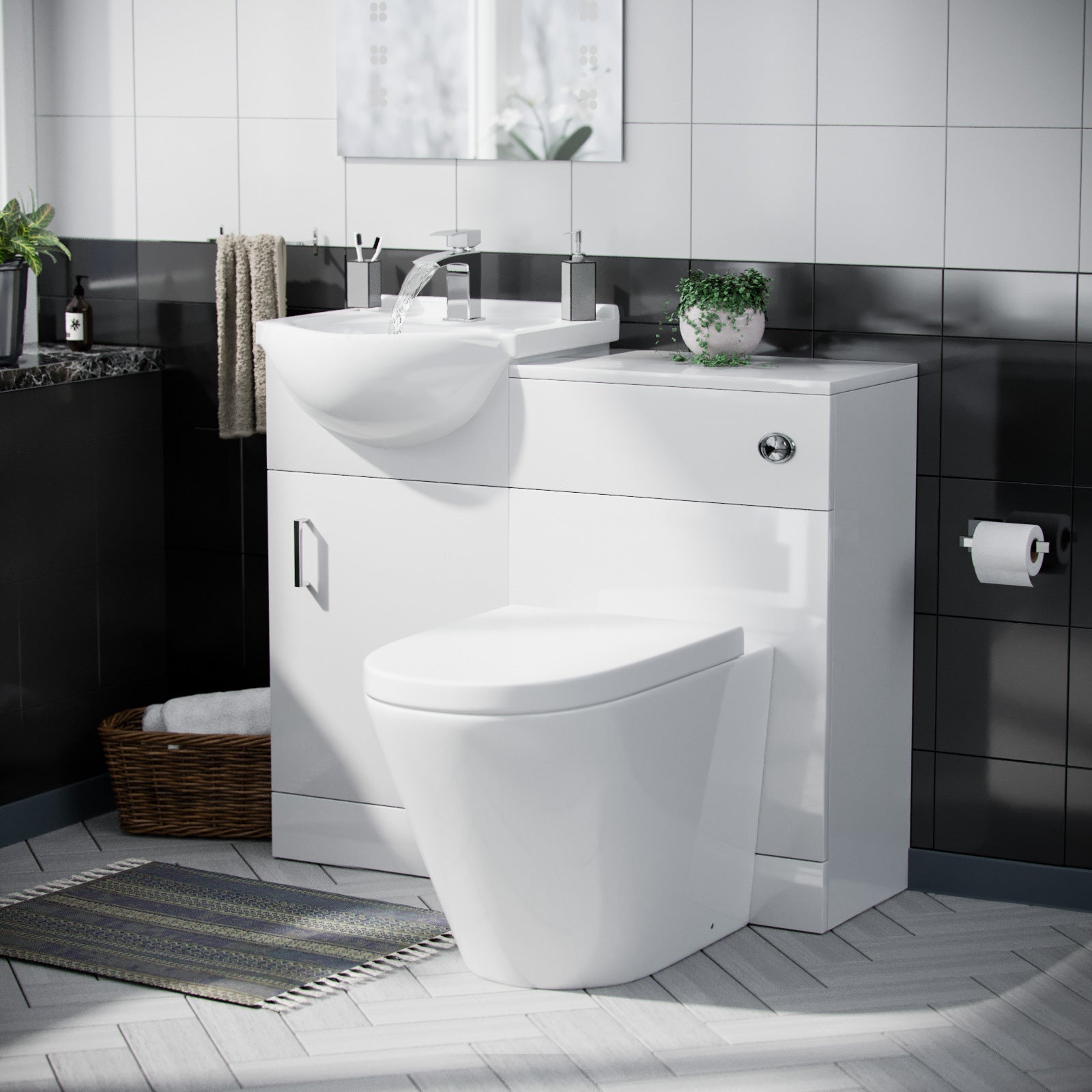 Ellen Cloakroom 950mm White Basin Vanity Unit, WC Unit & BTW Toilet - Flat Pack