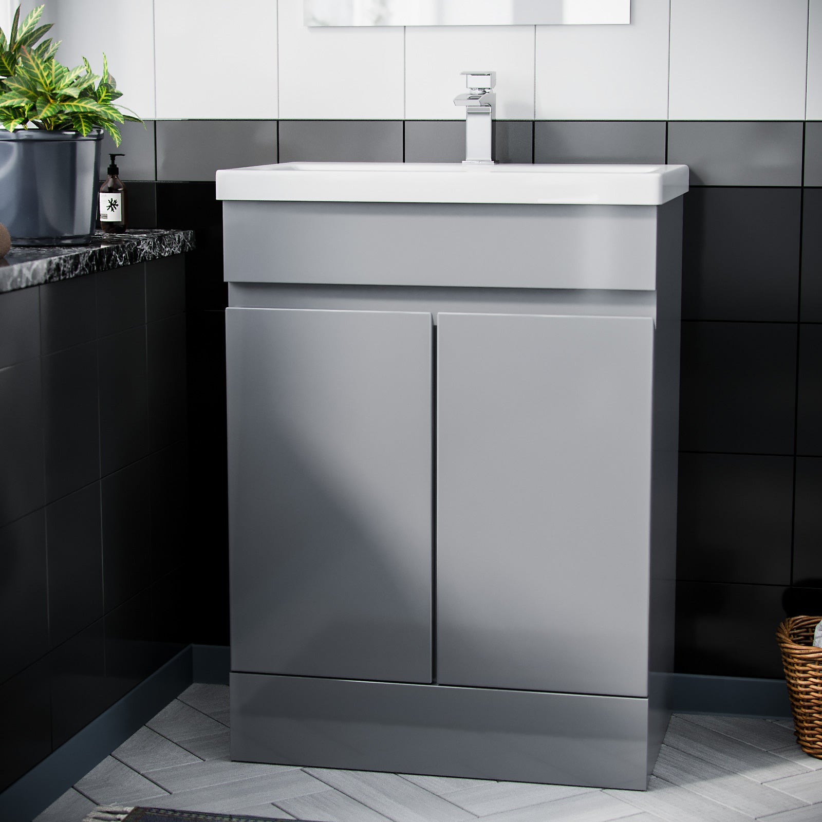 Alaska 600mm Grey Flat Pack Vanity Cabinet and Basin Unit Floor Standing