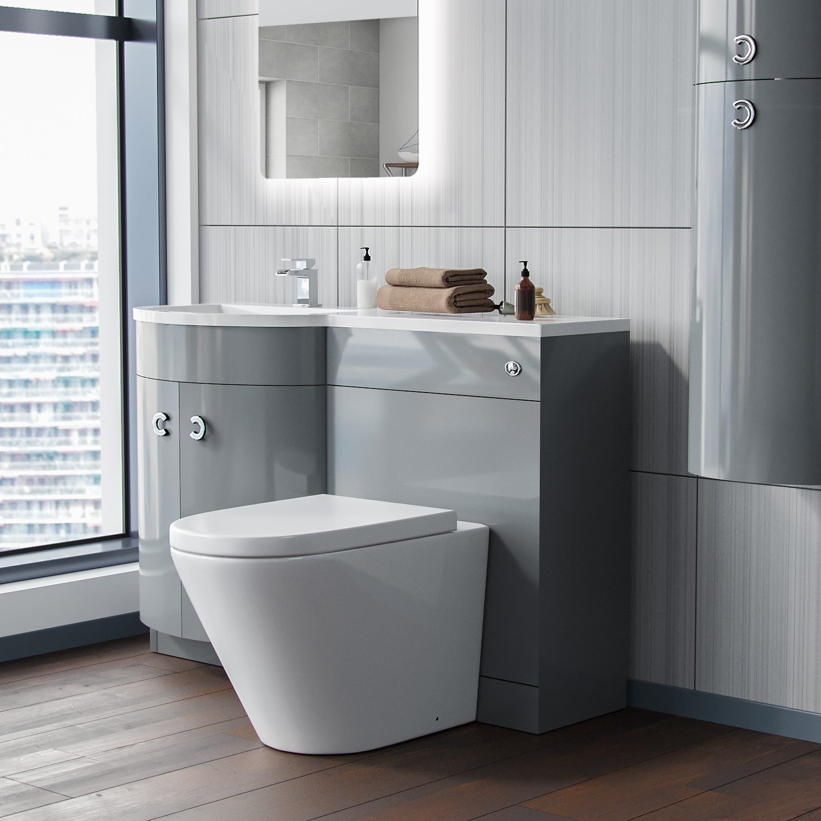 Dene | 1100mm LH Back To Wall toilet, Soft Close Toilet & Resin Basin Grey