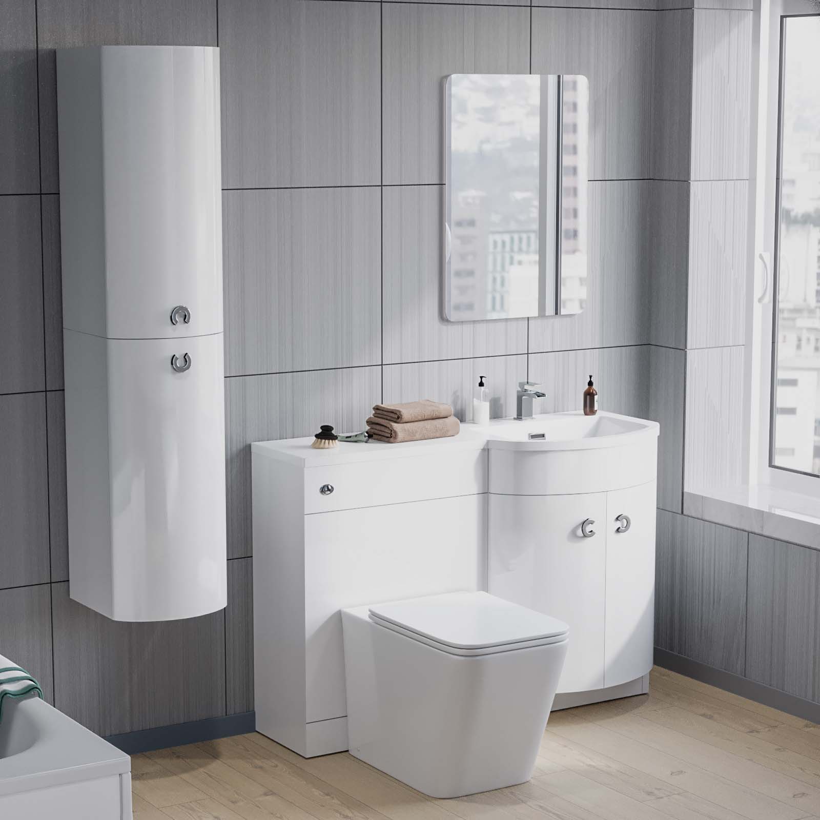 Dene 1100 mm FP P-Shape White RH Basin Vanity, Rimless Toilet & Wall Hung Cabinet