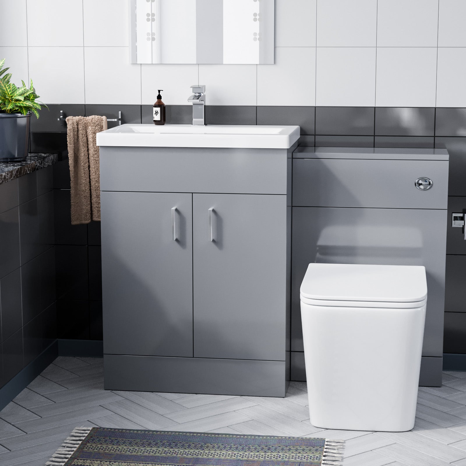 Nanuya 600 Floor Standing Grey Vanity, Ceramic Basin, BTW Toilet UF Seat & WC Unit