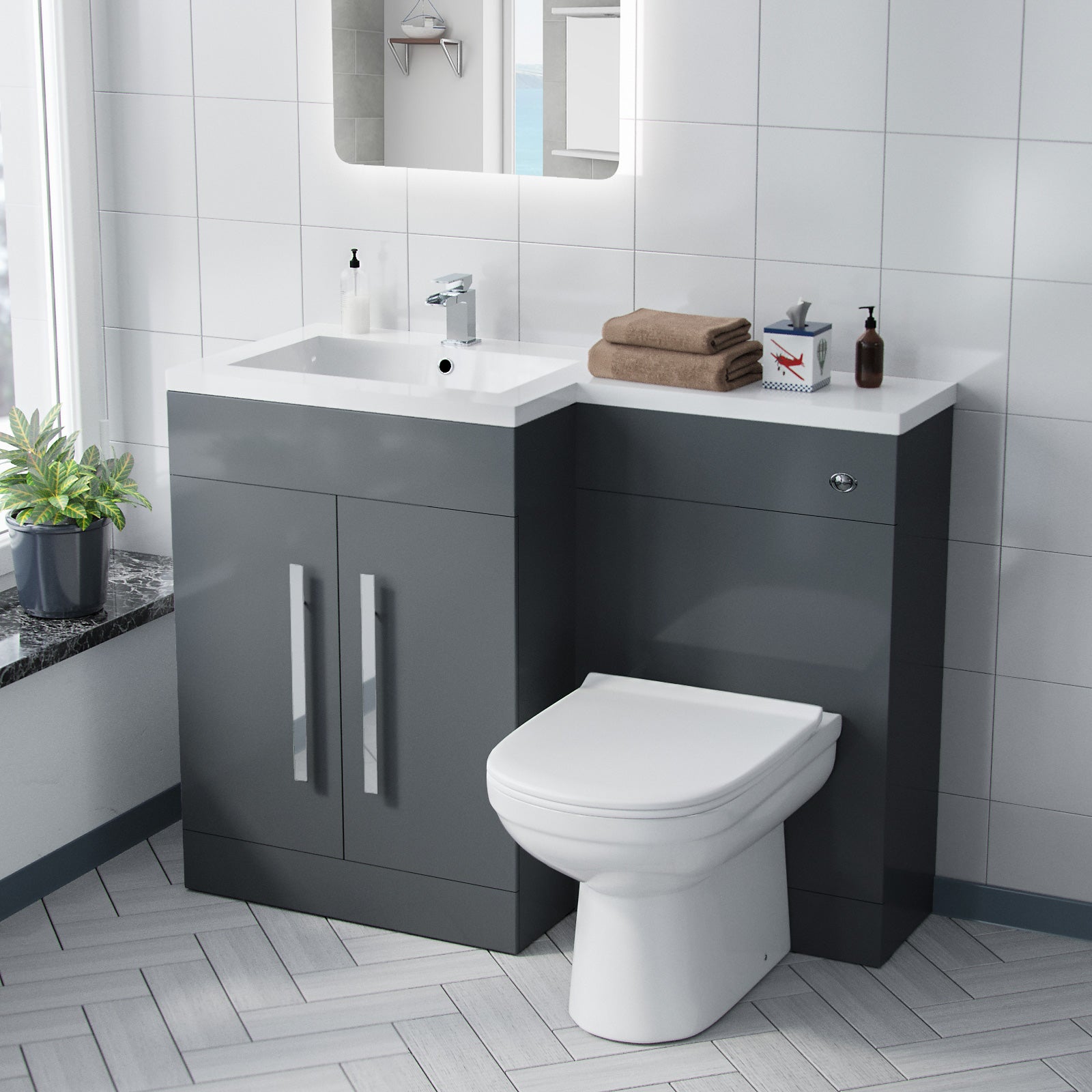 Aric 1100mm LH Grey Vanity with BTW Toilet, WC & Resin Basin Flat Pack