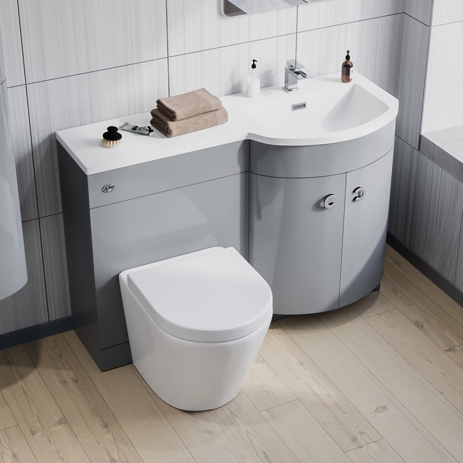 Dene 1100mm RH Bathroom Vanity with WC, BTW Rimless Toilet & Wall Hung Cabinet LG