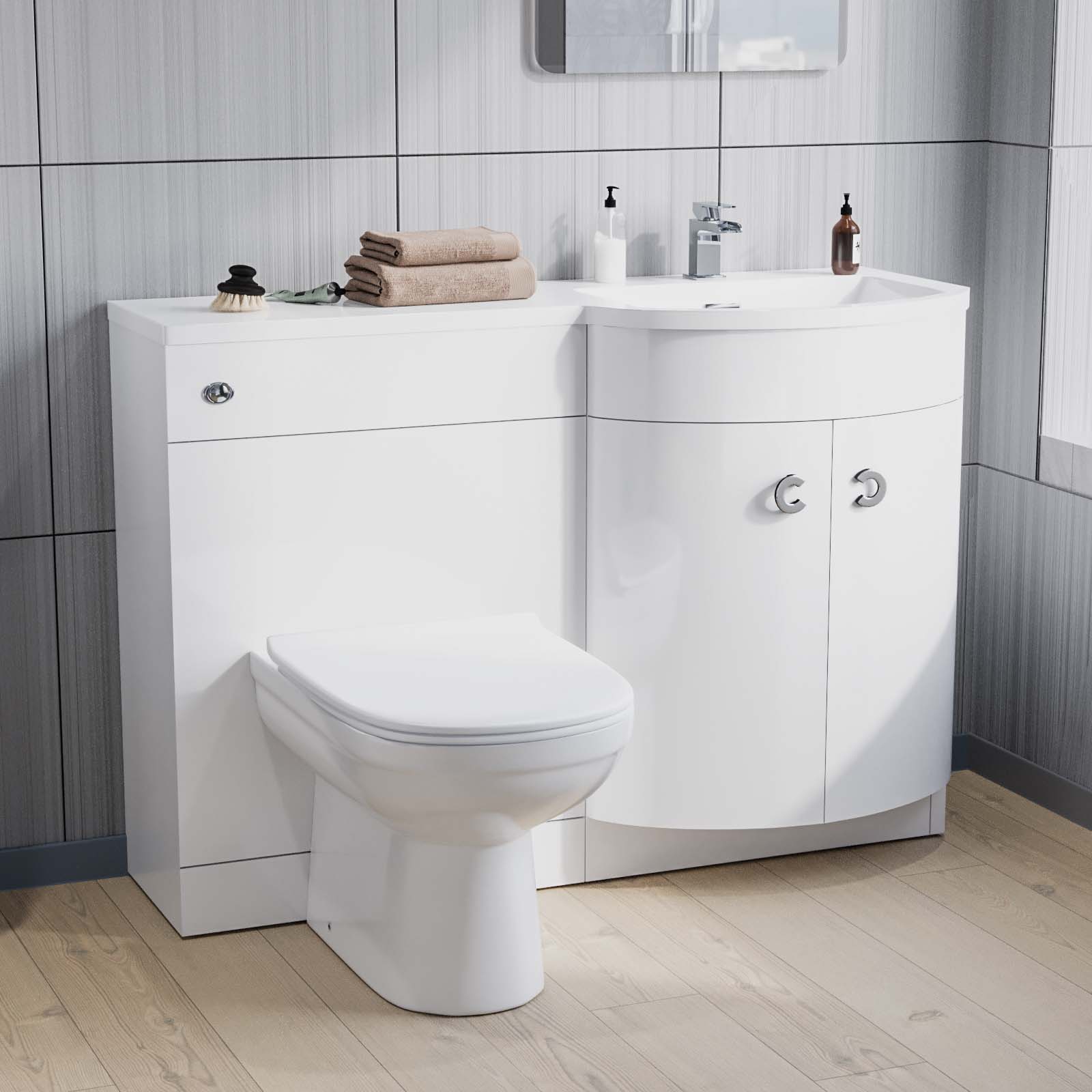 Dene 1100 mm Flat Pack P-Shape White RH Basin Vanity Unit, Toilet & Wall Hung Cabinet