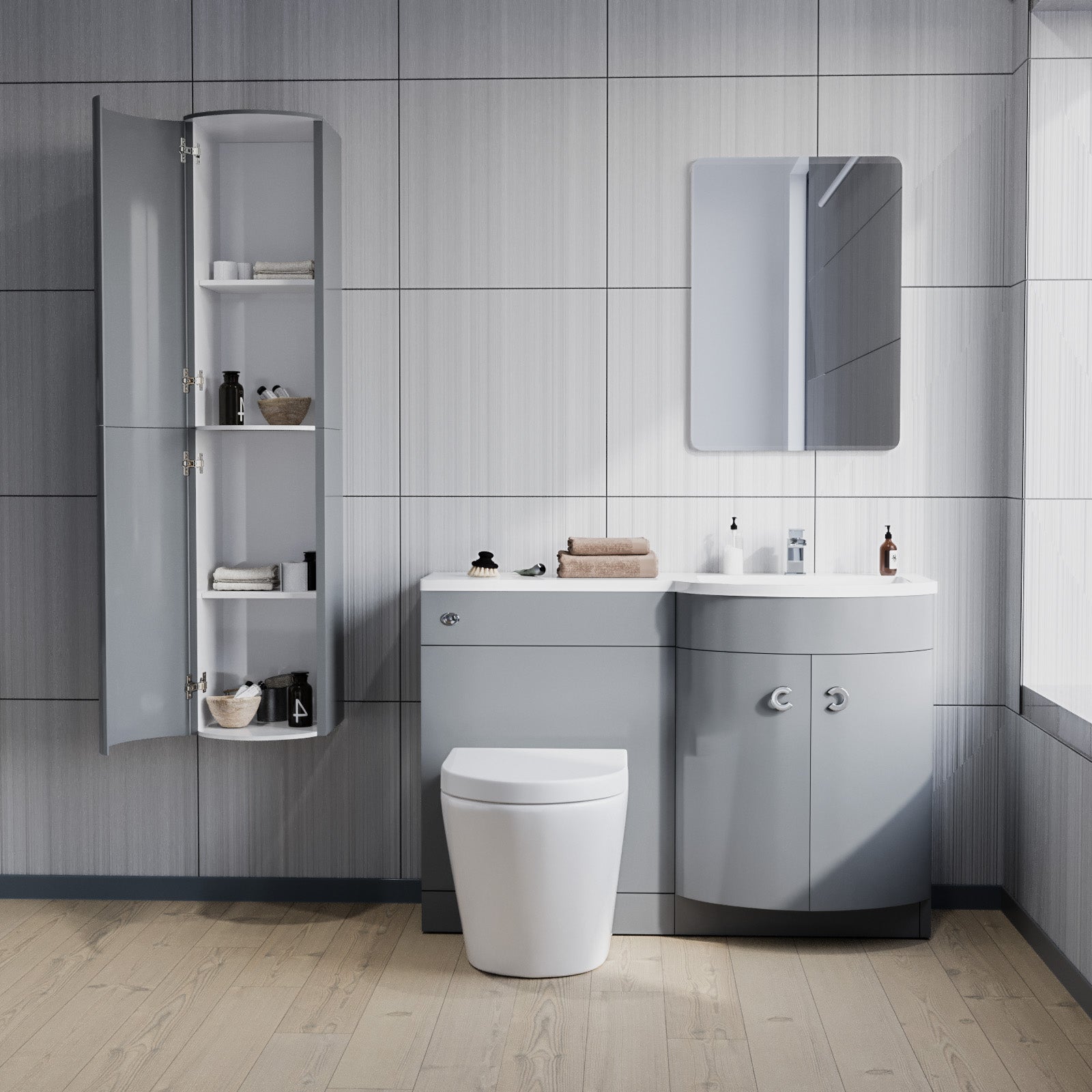 Dene 1100mm RH Bathroom Vanity with WC, BTW Rimless Toilet & Wall Hung Cabinet LG