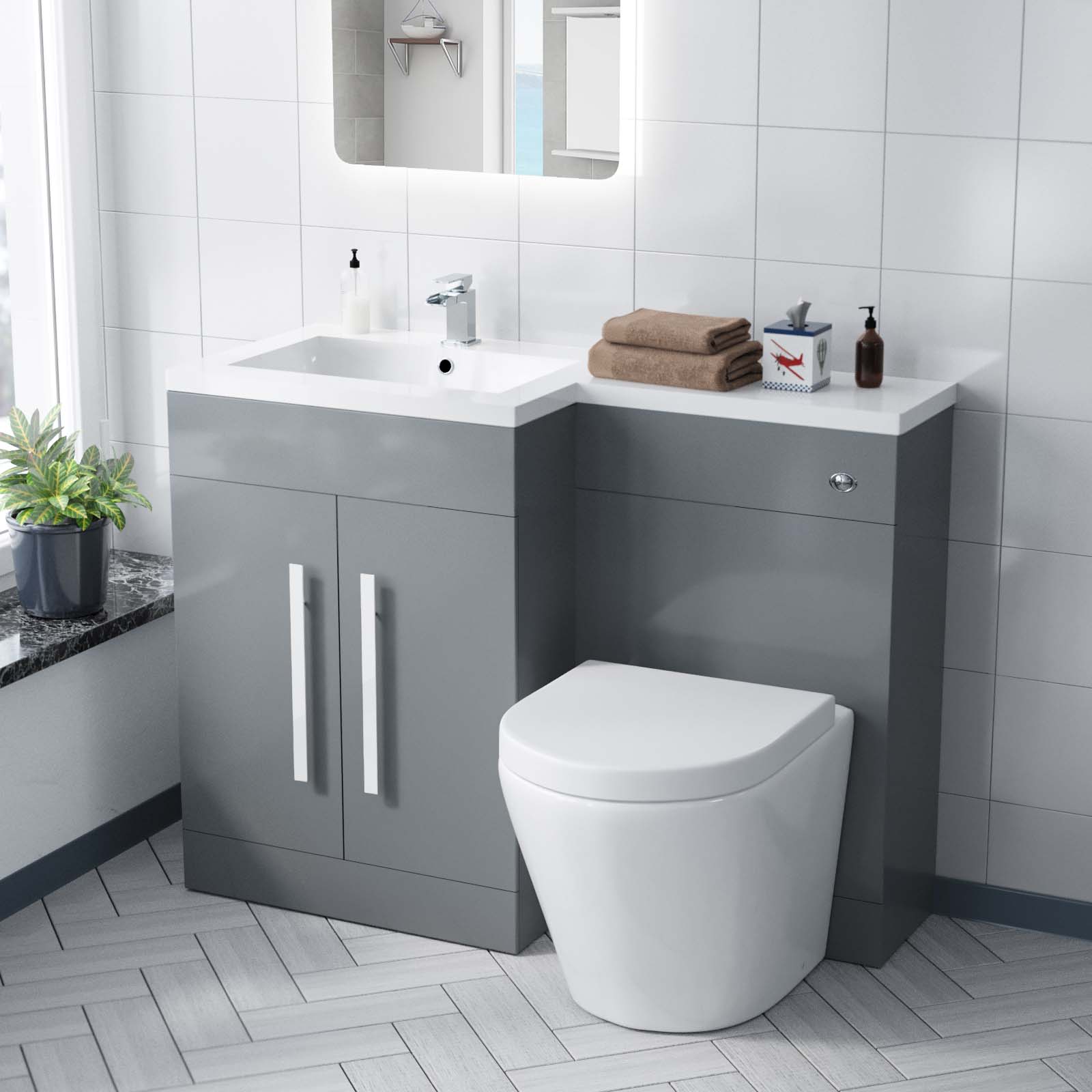 Aric 1100mm LH Freestanding LightGrey Vanity with BTW Rimless Toilet, WC & Basin