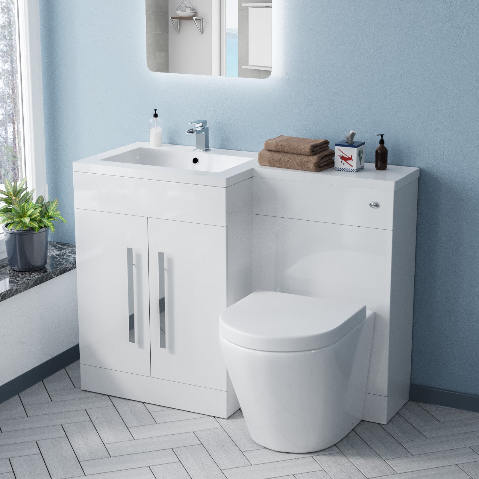 Aric 1100mm LH Vanity Basin Unit, WC Unit & Eddy Rimless Back To Wall Toilet White Flat Pack