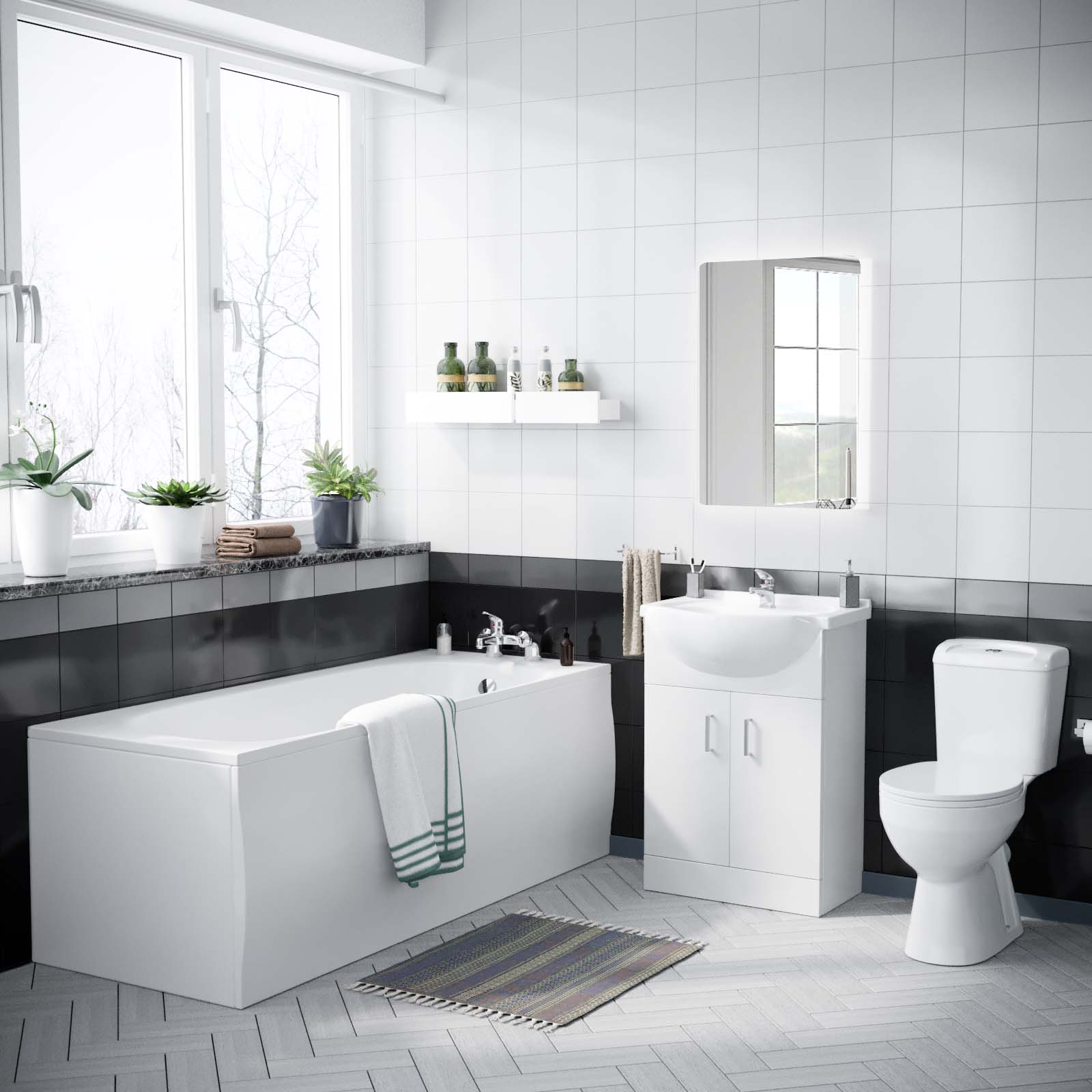 Ellen 3-Piece Gloss White Basin Vanity Close Coupled WC and Bath Tub Bathroom Suite