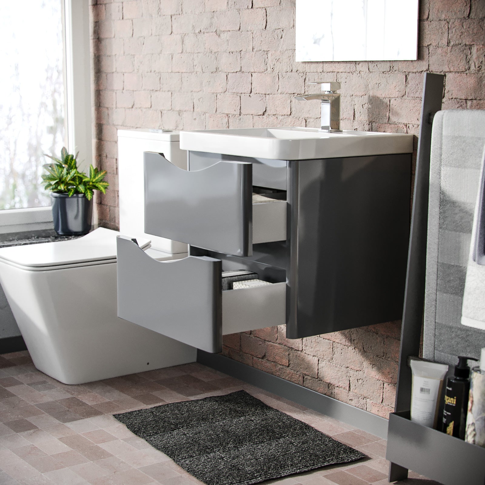 Merton 500 Grey Wall Hung Cabinet with 2 Soft Closing Drawers & Basin