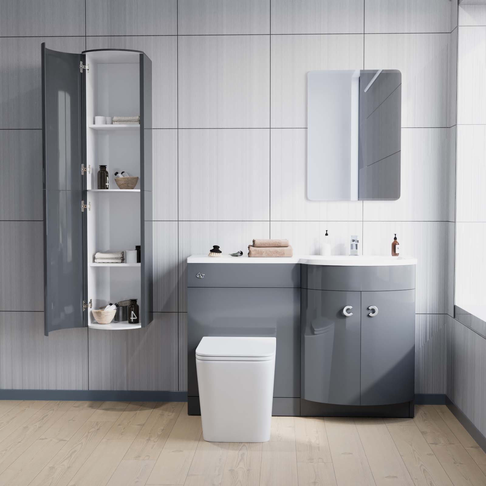 Dene 1100mm RH Grey Vanity, Square BTW Toilet, WC, Basin & Wall Hung Cabinet