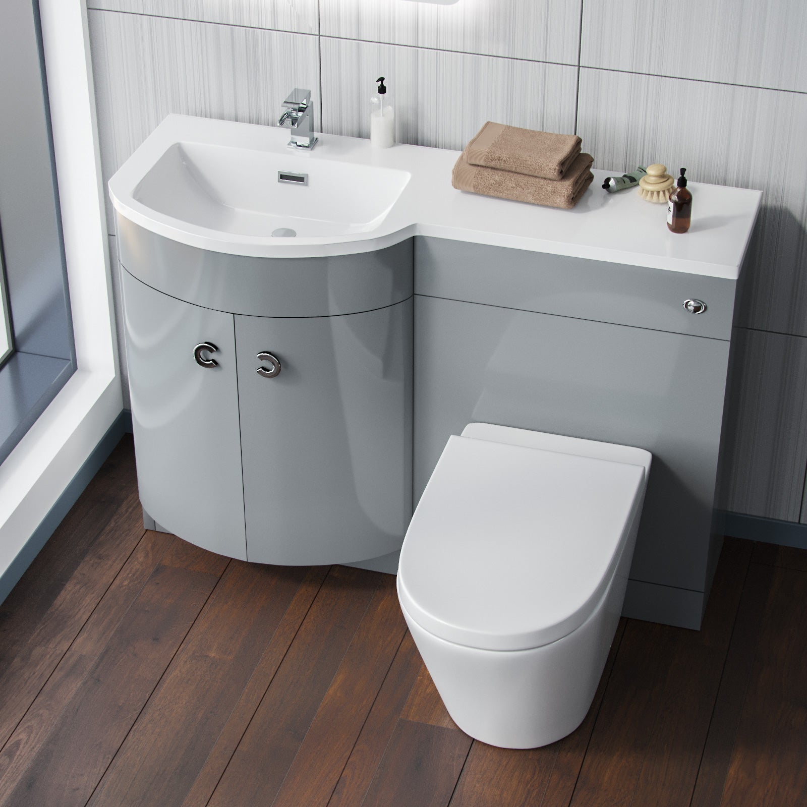 Dene | 1100mm LH Back To Wall toilet, Soft Close Toilet & Resin Basin Grey