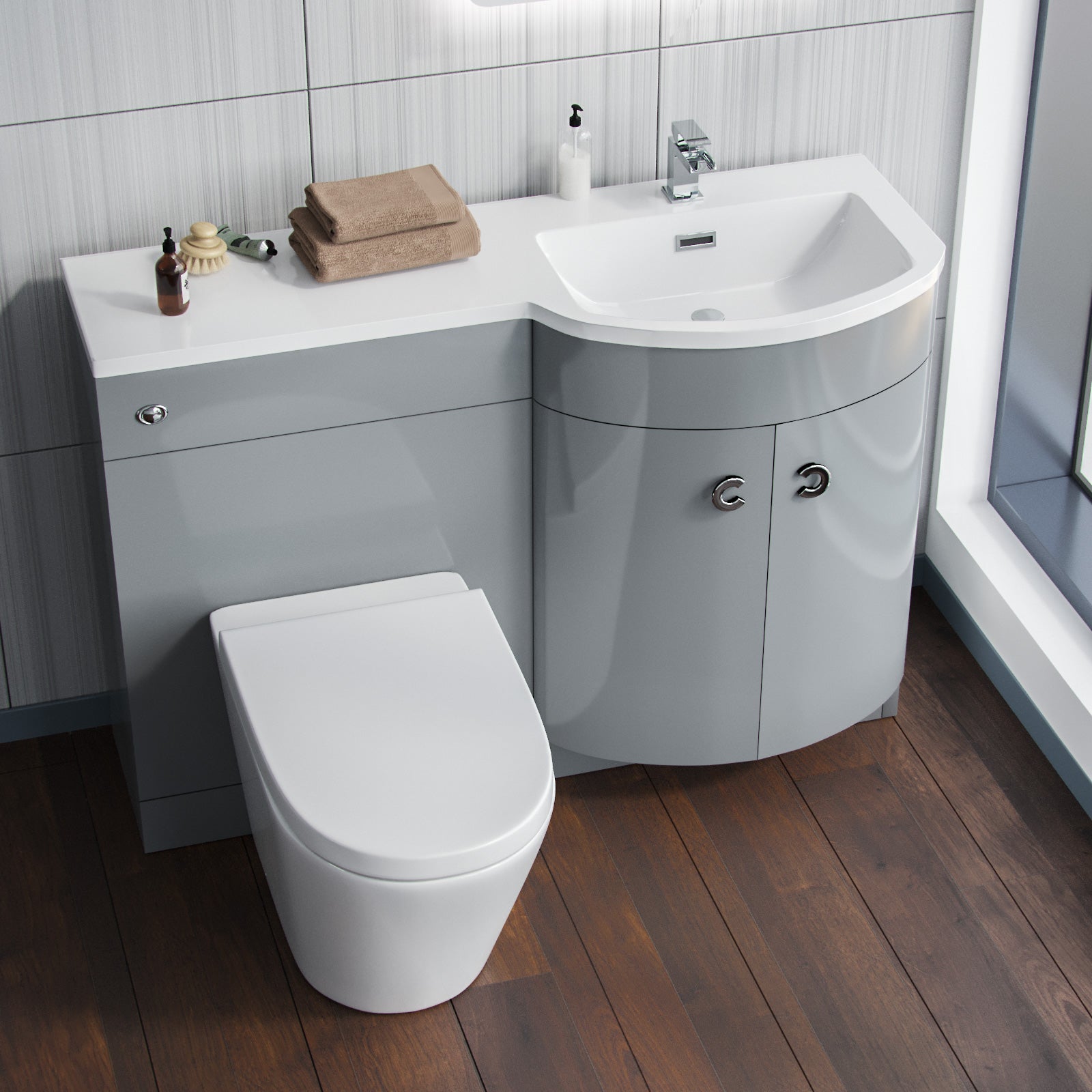 Dene 1100mm RH Back To Wall toilet, Soft Close Toilet & Resin Basin Grey