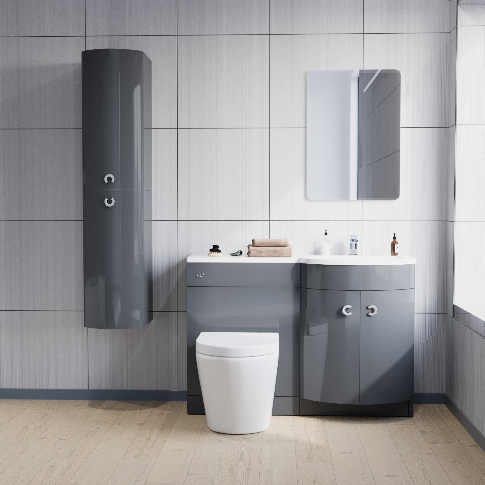 Dene 1100mm RH Grey Bathroom Vanity with WC, BTW Rimless Toilet & Wall Hung Cabinet