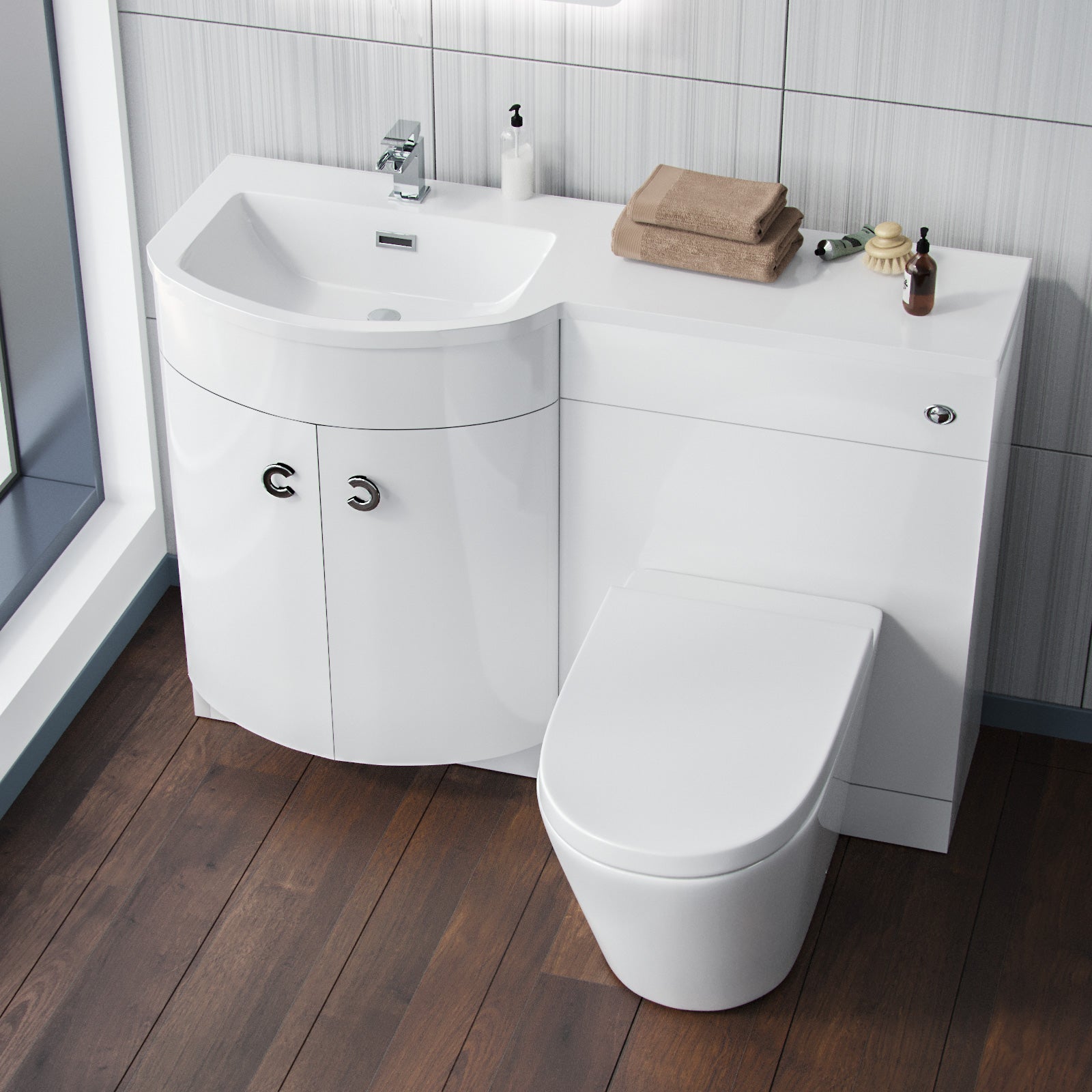 Dene 1100mm LH Flat Pack White Basin Vanity Flat Pack Bathroom, WC Unit, Modern BTW Toilet