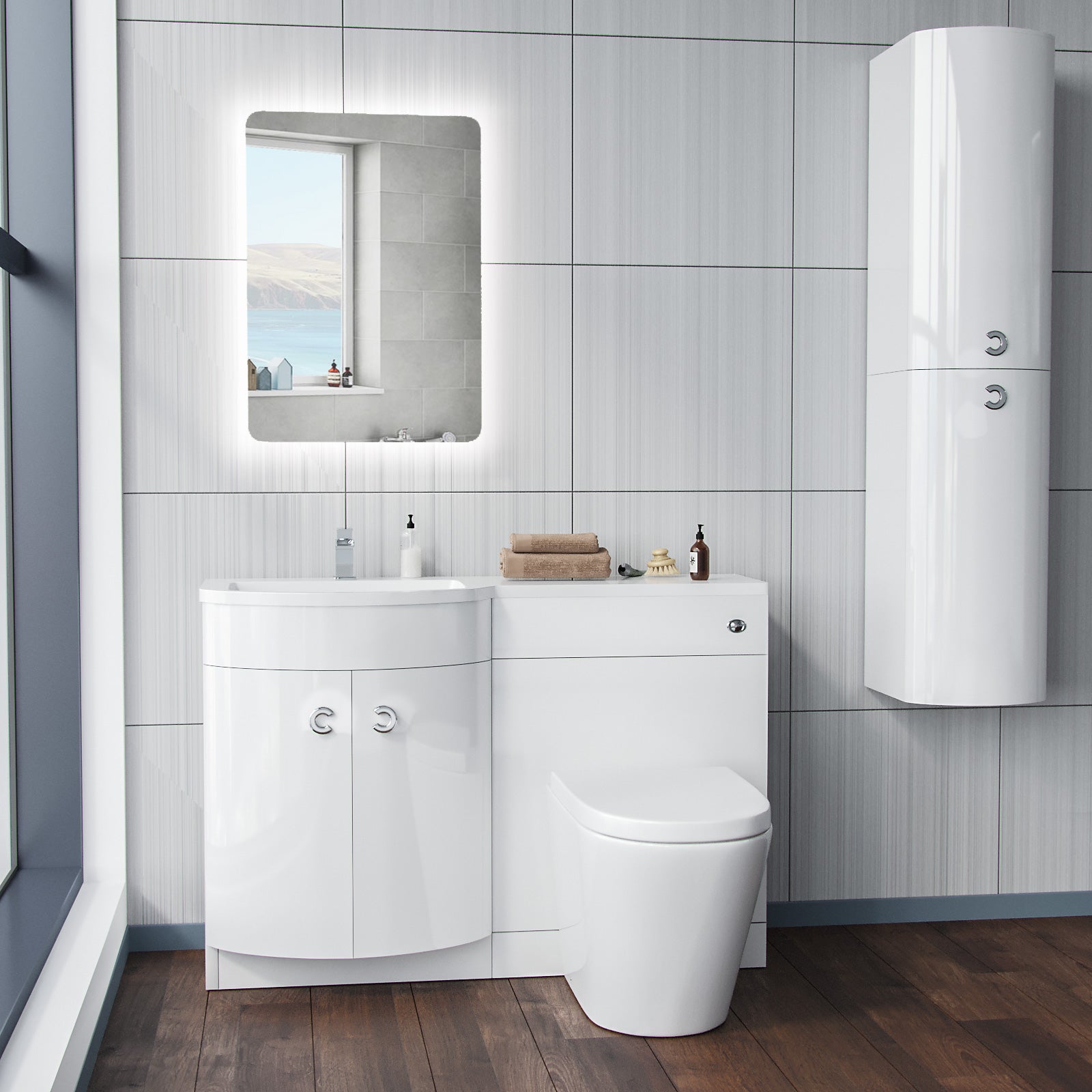 Dene 1100mm LH Flat Pack White Basin Vanity Flat Pack Bathroom, WC Unit, Modern BTW Toilet