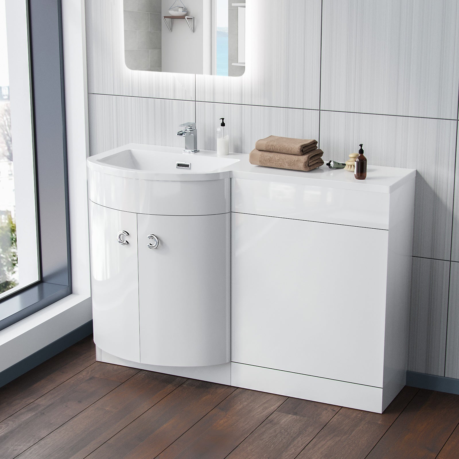 Dene 1100mm LH Freestanding Gloss White Basin Vanity Flat Pack Bathroom + WC Unit