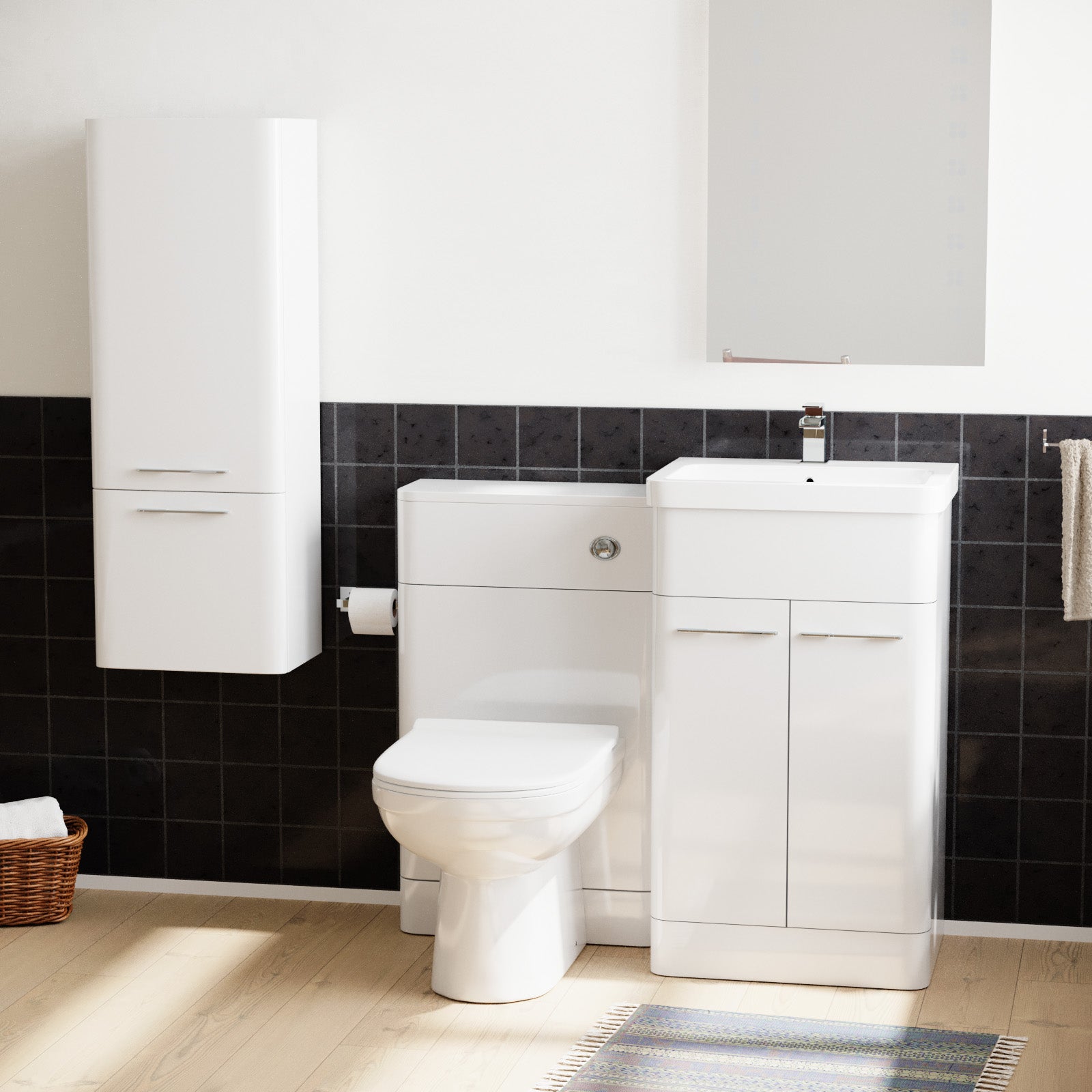 Lex 500mm White Flat Packed Vanity Unit & 1000mm Wall Hung Cabinet & BTW Toilet