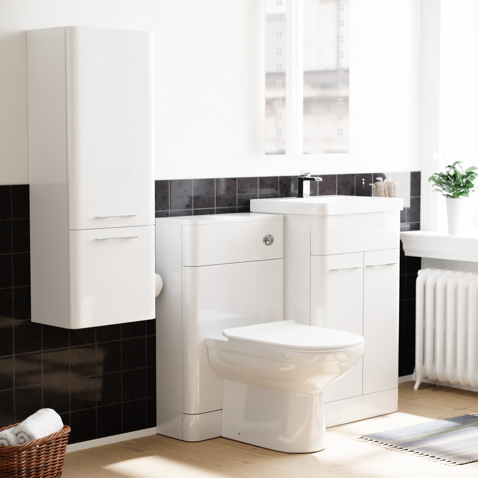 Lex 500mm White Flat Packed Vanity Unit & 1000mm Wall Hung Cabinet & BTW Toilet