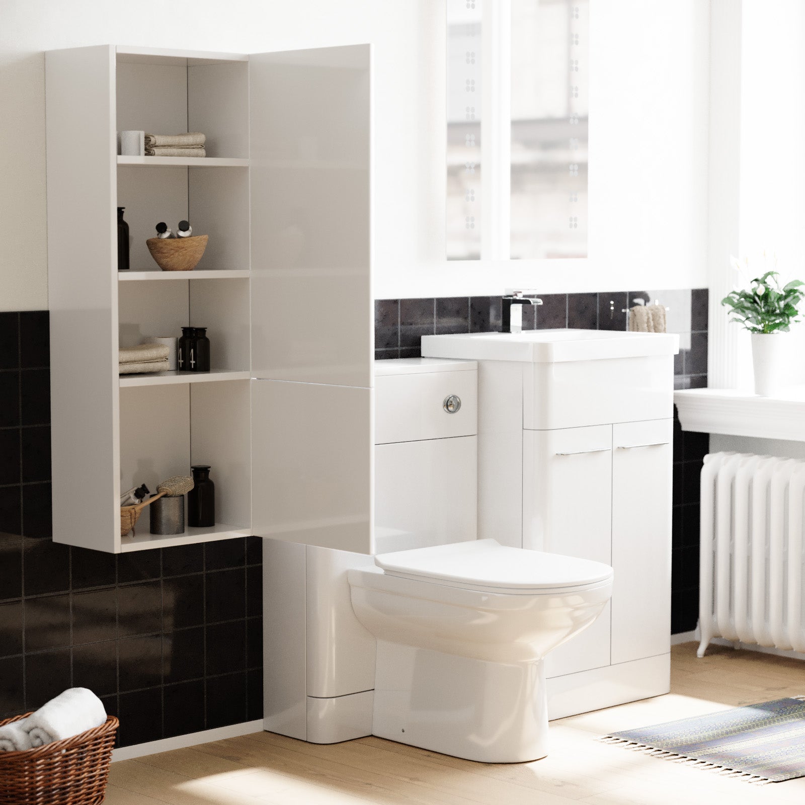 Lex 500mm White Flat Packed Vanity Unit & 1000mm Wall Hung Cabinet & BTW Toilet