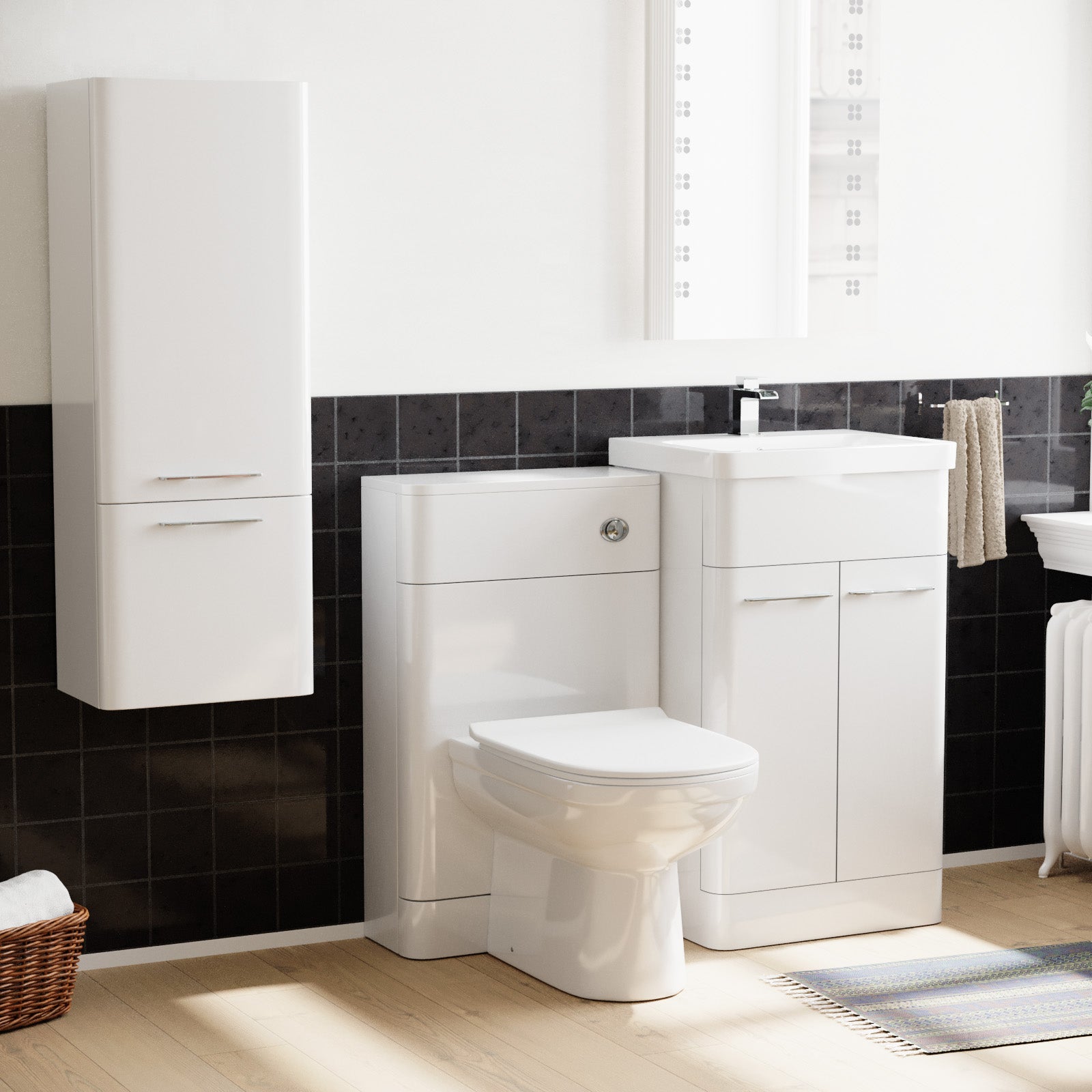 Lex 500mm White Flat Packed Vanity Unit & 1000mm Wall Hung Cabinet & BTW Toilet