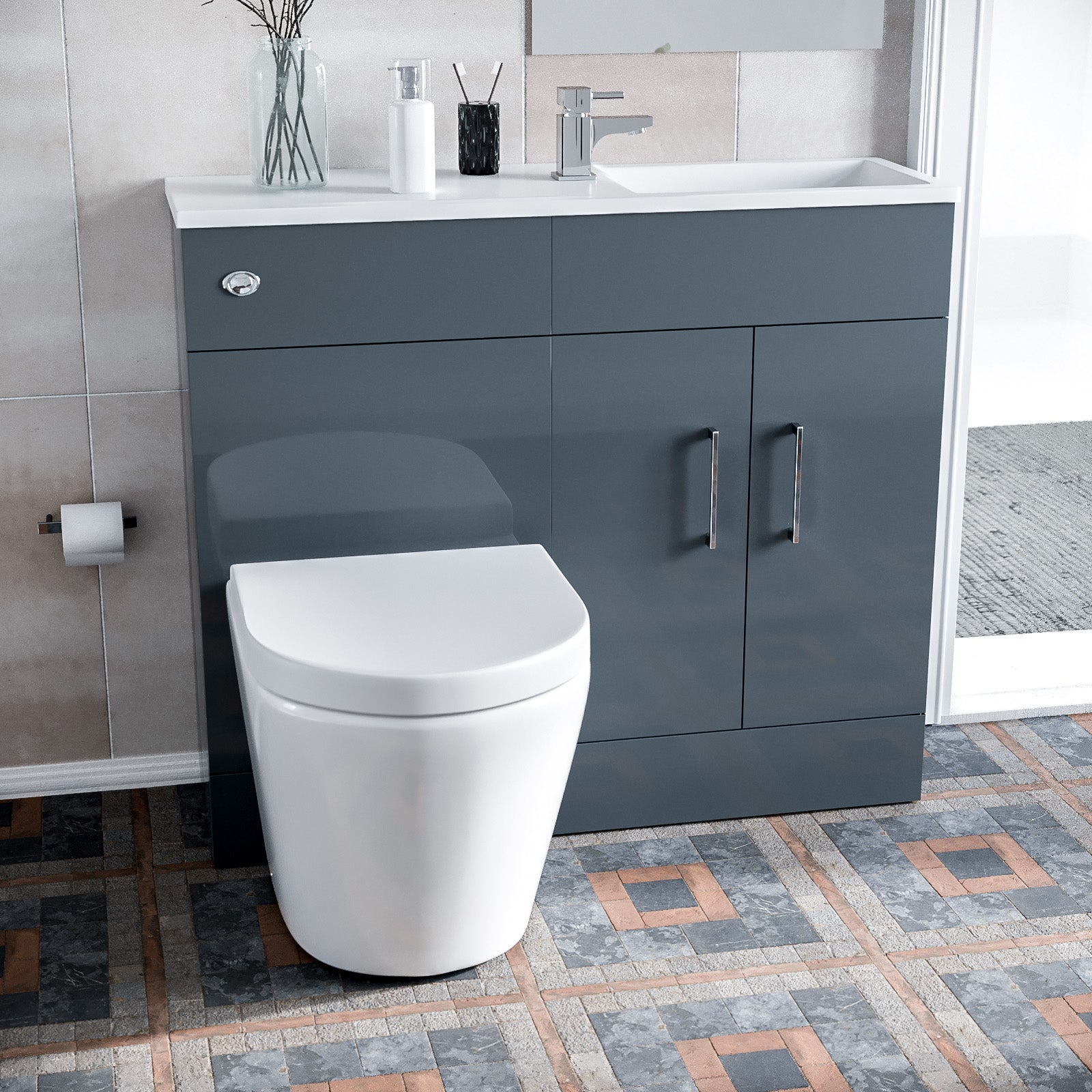 James 1000mm Grey Slimline Vanity, Basin WC Unit BTW Rimless Toilet - Flat Pack