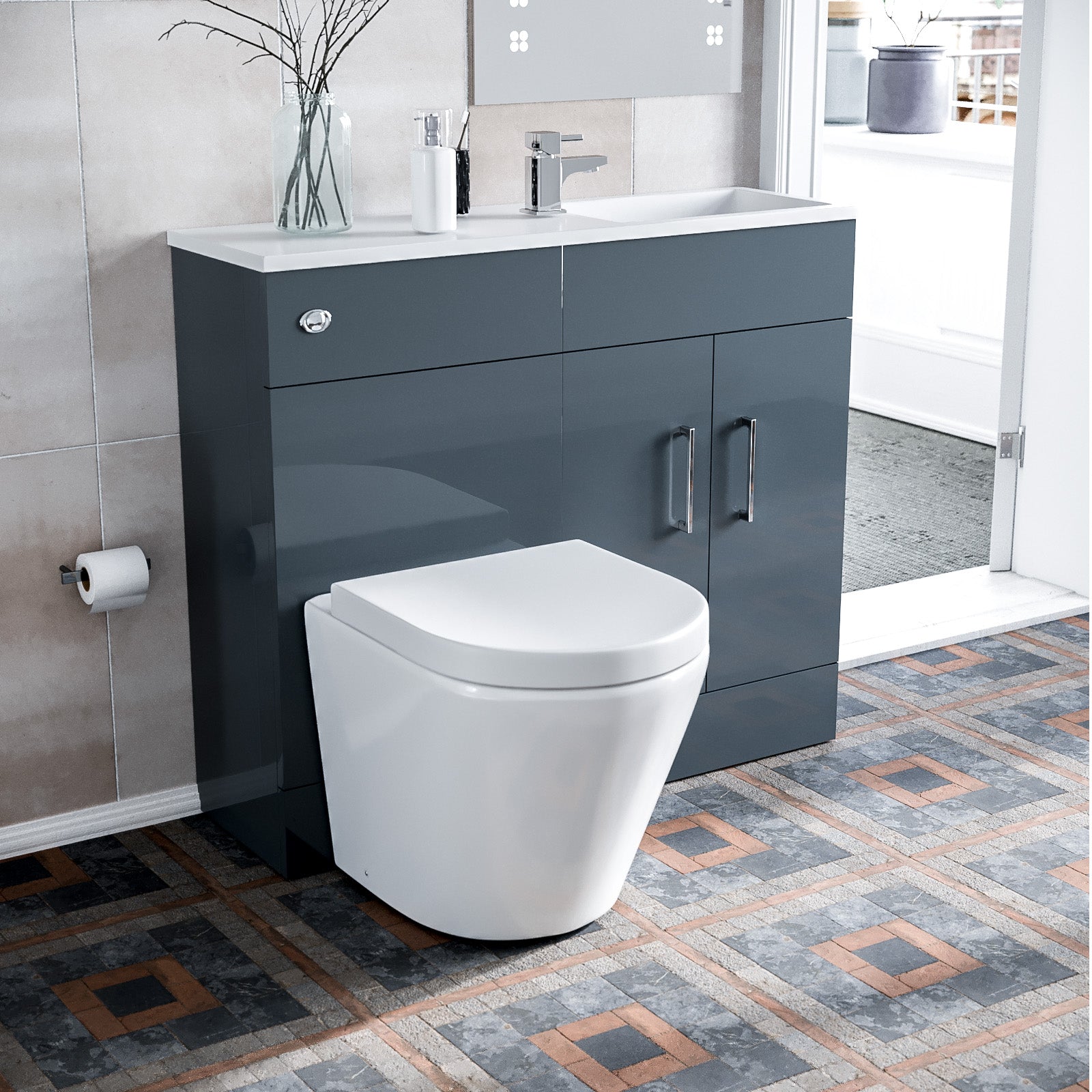 James 1000mm Grey Slimline Vanity, Basin WC Unit BTW Rimless Toilet - Flat Pack