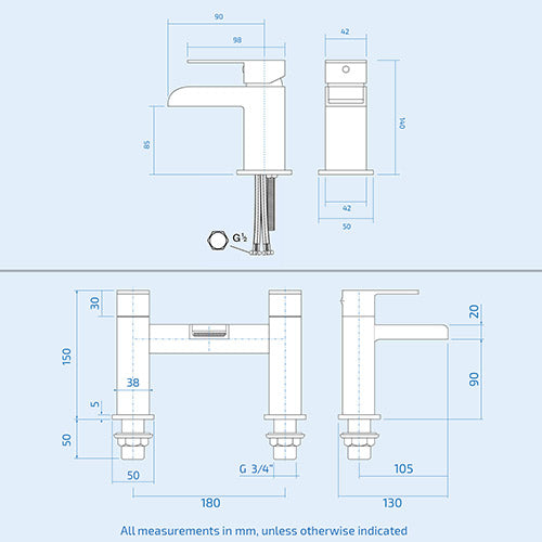 Ozone Contemporary Waterfall Basin Mono Mixer Tap & Deck Mounted Bath Filler Tap + Waste