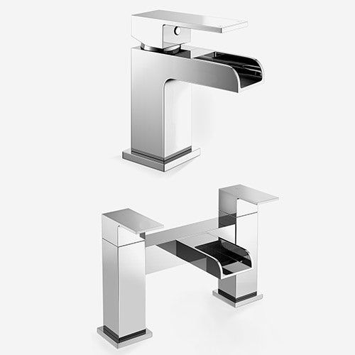 Ozone Contemporary Waterfall Basin Mono Mixer Tap & Deck Mounted Bath Filler Tap + Waste
