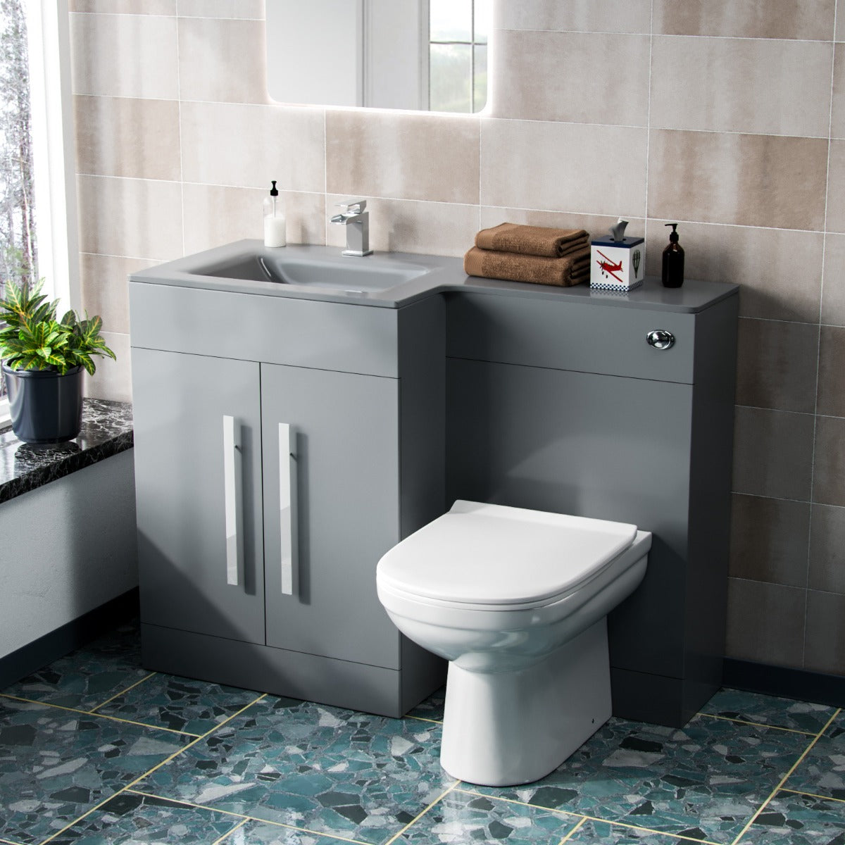 Aric LH 1100mm Flat Pack Vanity Basin Unit, WC Unit & Elso Back To Wall Toilet Grey